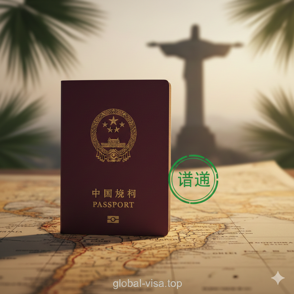 一张高质量的概念摄影图,展示一本标准的暗红色中华人民共和国普通护照放置在复古旅行地图上。背景虚化处理,隐约可见巴西里约热内卢著名的基督像(Christ the Redeemer)剪影和热带棕榈树叶,象征着从中国前往巴西的旅程。画面光线明亮温暖,重点突出护照上的金色国徽,并在旁边配有一个象征性的绿色'Visa Approved'(签证通过)印章图案,直观传达'中国护照去巴西需要签证'的主题,风格专业且具有权威感。