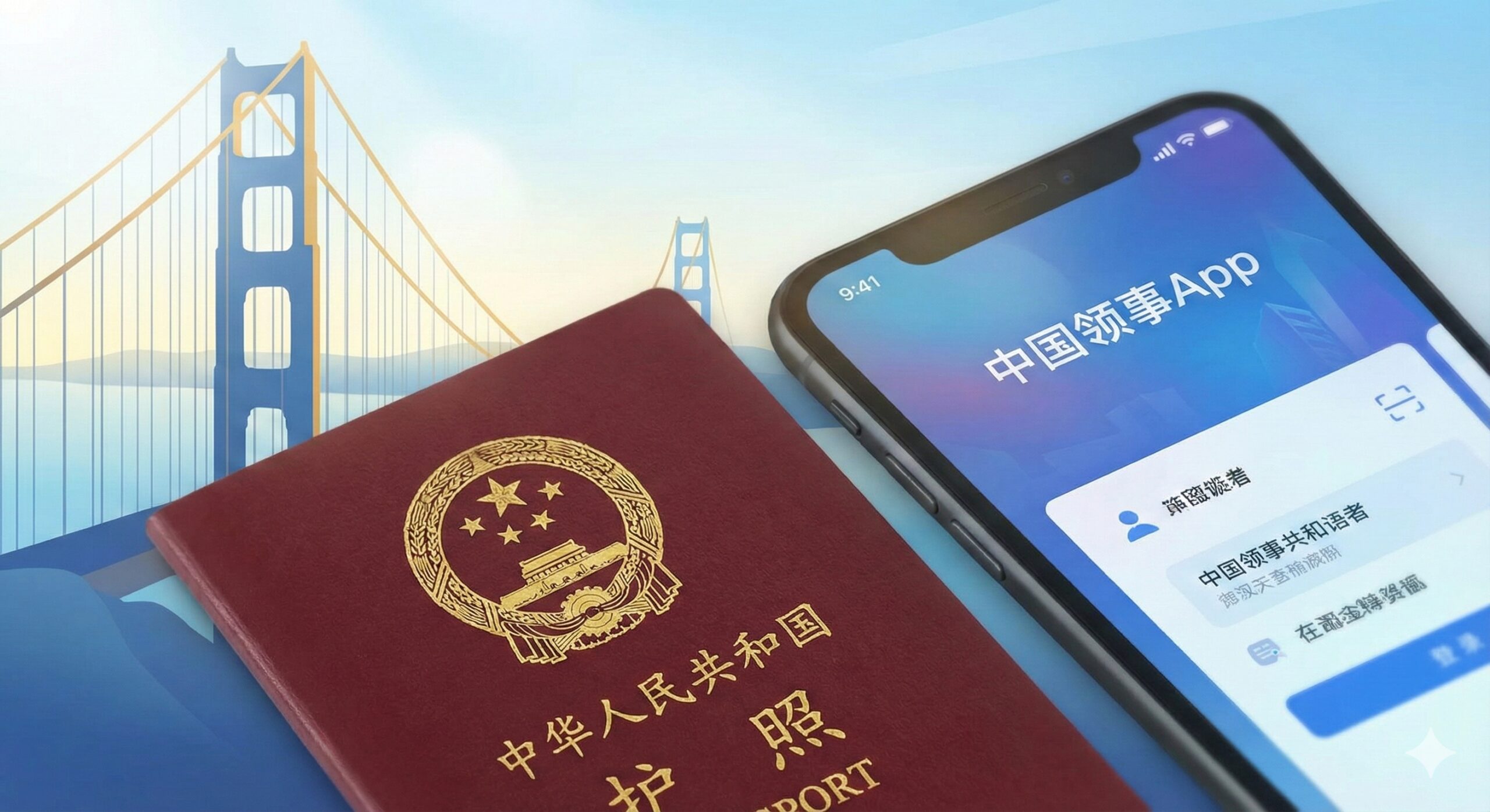 图片应为一张充满希望的、现代感十足的封面图。主体是一个醒目的中国护照(深红色),旁边是一个正在运行的智能手机,屏幕上显示着“中国领事App”的简洁界面。背景是旧金山标志性的金门大桥的抽象剪影,并用柔和的蓝、金色调突出科技和效率的主题。构图采用三分法,护照和手机占据前景,传达“科技助力在旧金山轻松更新中国护照”的核心信息。风格应是扁平化设计与精致材质感的结合,清晰且吸引眼球。