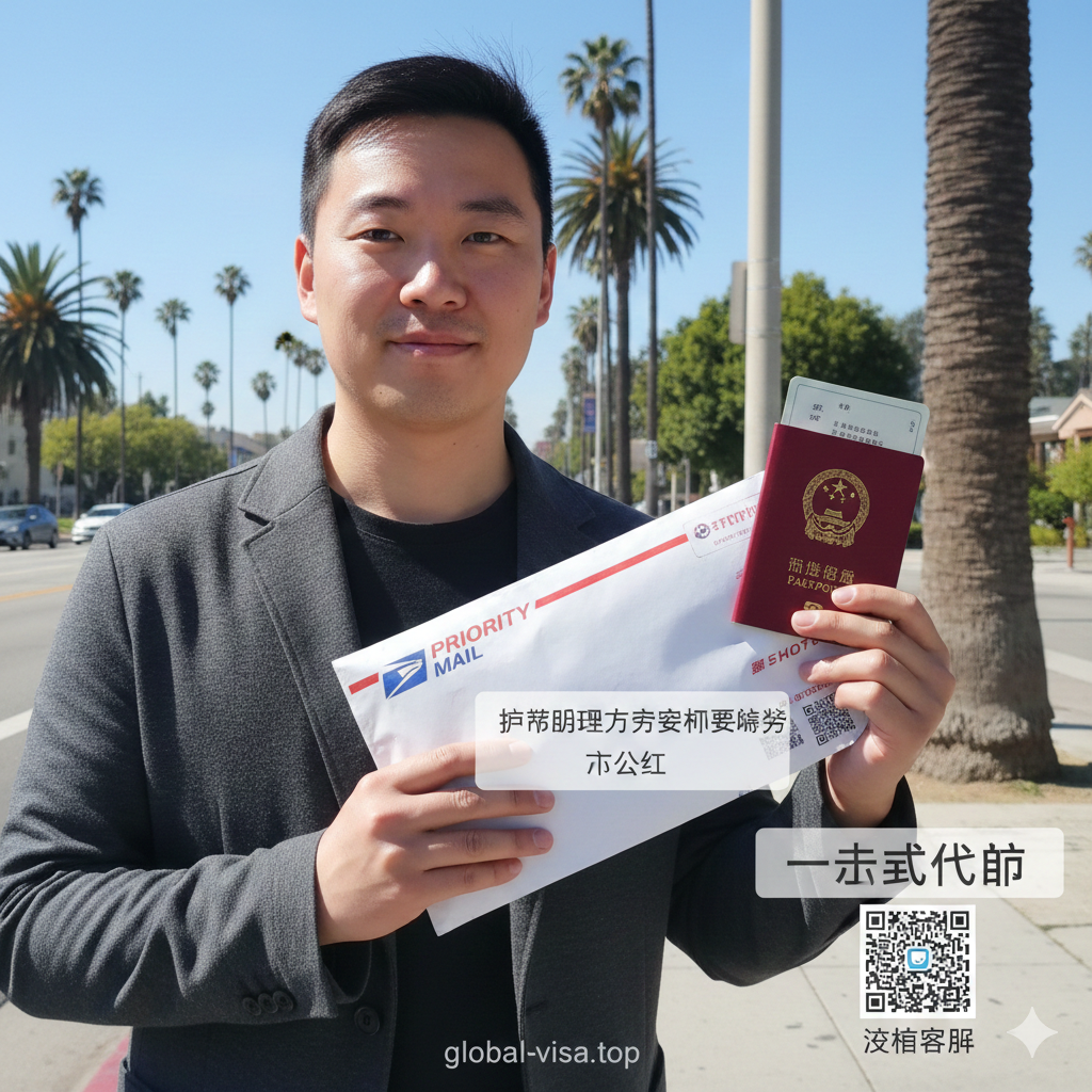 一张充满生活气息的成功案例图。一位亚裔人士站在洛杉矶阳光明媚的户外（背景有蓝天和街道），手中拿着USPS的快递信封和一本崭新的中国护照，脸上洋溢着轻松满意的笑容。图片右下角叠加'一站式代办'或微信客服的视觉元素，暗示通过服务轻松拿证。整体色调明亮温暖，激发用户的转化欲望。