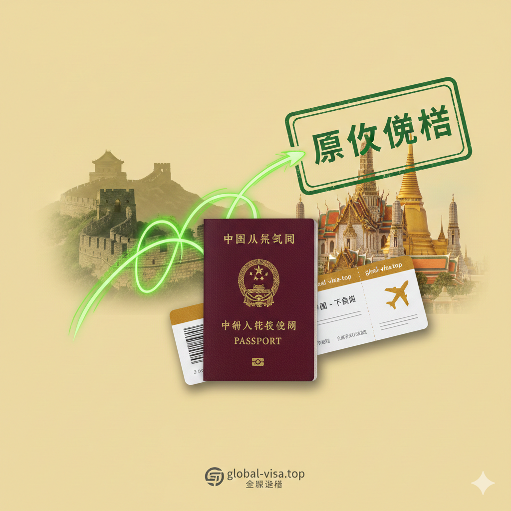 一张高质量的合成封面图,画面中央清晰展示一本中国护照和一张飞往泰国的机票。背景将中国的长城剪影与泰国黎明寺(Wat Arun)或大皇宫的金色塔尖巧妙融合,象征中泰永久免签政策的连接。画面色调明亮温暖,采用高极简主义风格,配以象征'通行无阻'的绿色印章元素,营造出轻松、便捷且专业的国际旅行氛围,完美契合global-visa.top的品牌形象。