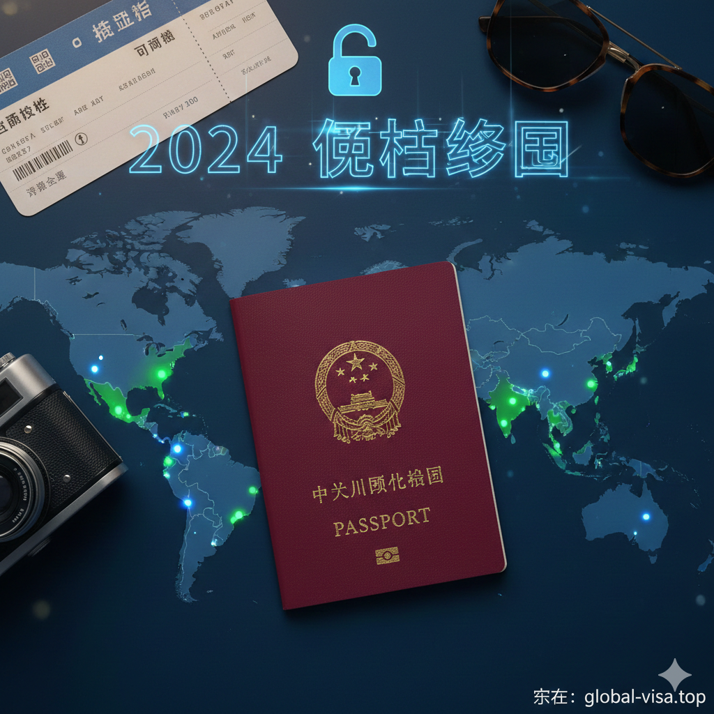 一张极具视觉冲击力的封面图,采用高角度俯拍视角。画面中心是一本红色的中国护照,放置在一张带有发光节点的深蓝色世界地图上。地图上特别是东南亚(新马泰)、中东(阿联酋、卡塔尔)和高加索地区(格鲁吉亚)的点位呈现亮绿色,象征免签畅行。护照周围点缀着旅行元素,如复古相机、登机牌和一副墨镜。画面上方有半透明的全息文字效果显示 '2024 Visa Free' 和一个解锁的挂锁图标,整体色调融合了护照的庄重红与科技感的深蓝,光影效果温暖而充满希望,寓意说走就走的自由。