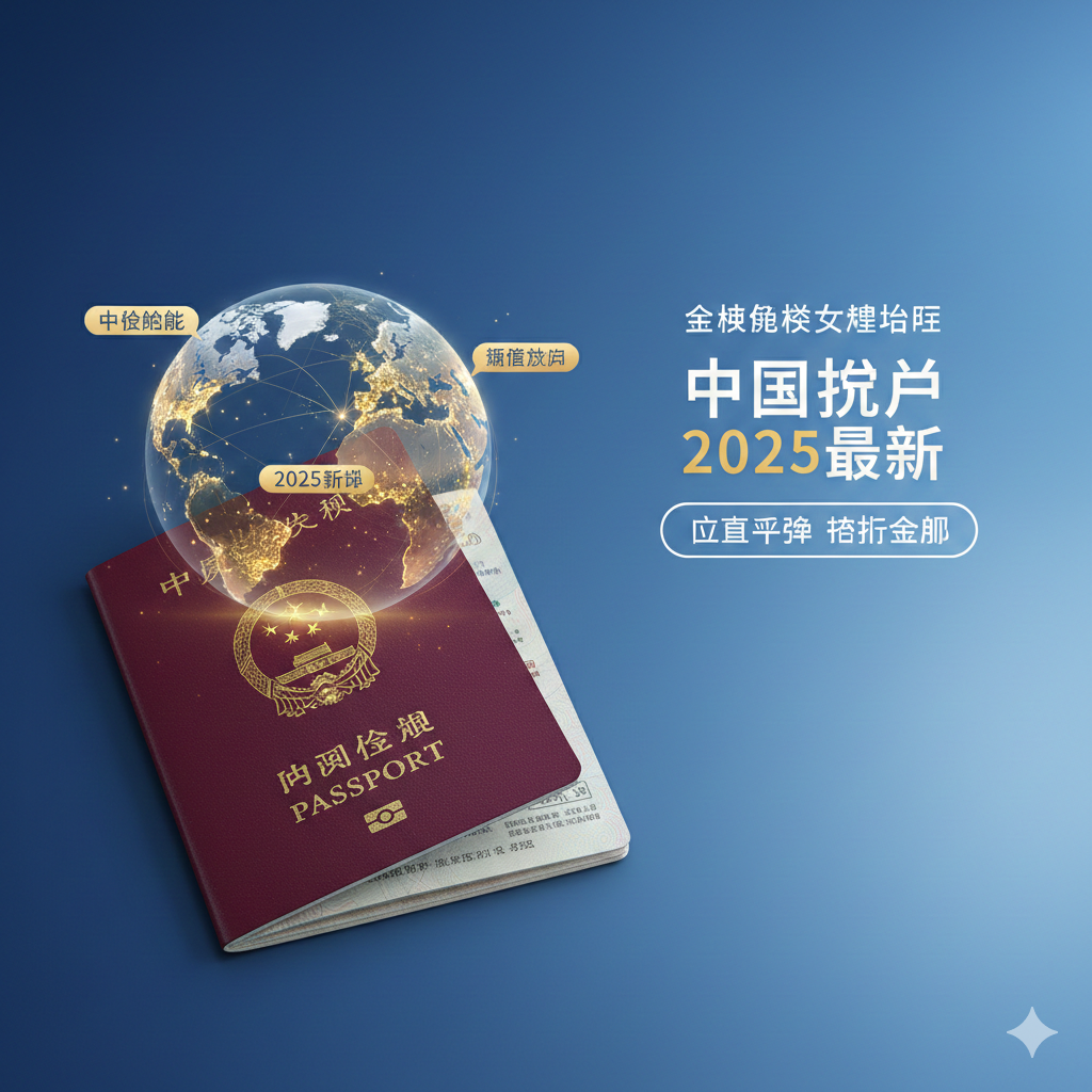 图片应以一张充满希望和全球旅行感的合成图像作为封面。主体是一个展开的、深红色的中国护照，护照封面上方巧妙地融合了一个象征全球互联的、半透明的世界地图或地球仪。地图上用醒目的金色线条标出多个亮点区域，代表2025年新增或热门的免签国家。背景采用高端、专业的蓝色调渐变，突出“2025最新”和“权威指南”字样。整体风格现代、简洁，强调护照的“含金量”和旅行的便捷性。