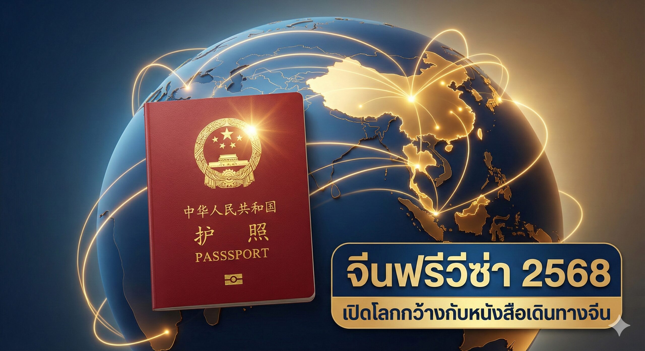 一张极具视觉冲击力的封面图，核心焦点是一本红色的中国普通护照（Chinese Ordinary Passport），护照封面上的国徽金光闪闪，质感清晰。背景是一个风格化的3D地球仪，其中中国、泰国、新加坡、马来西亚等免签国家区域被高亮显示，连接线呈现出金色的光流，象征着2025年的免签畅行。整体色调采用专业的高级蓝与暖金色搭配，展现出'global-visa.top'的权威感与全球视野，画面留有空间以便叠加泰语标题。