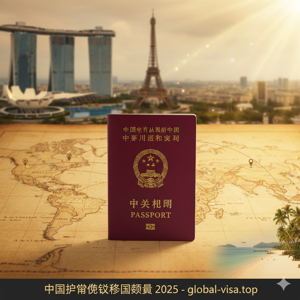 一张极具质感的封面图，画面中心是一本红色的中国普通护照放置在复古风格的世界地图上。背景虚化展示了标志性的全球地标，如新加坡金沙酒店、巴黎埃菲尔铁塔和泰国的海滩，象征着2025年中国护照通行的广泛性。画面上方有柔和的金色光线洒下，营造出自由与希望的氛围。构图中心突出，色彩以暖色调和护照红为主，视觉风格专业且富有旅行的诱惑力。