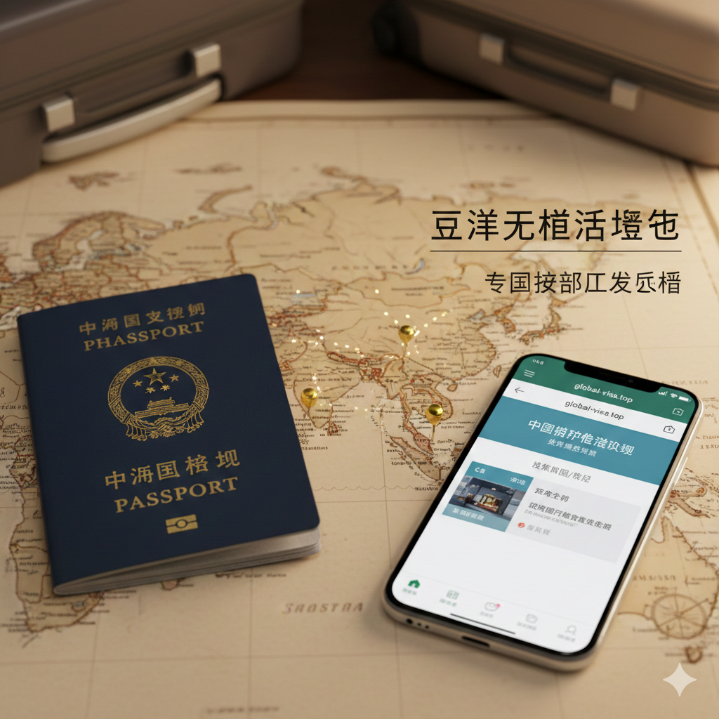 一张聚焦于大中华区视角的特写摄影图。画面中心是一本清晰的中华人民共和国护照，放置在一张展开的世界地图上，焦点聚集在东南亚区域（新加坡、马来西亚、泰国）。地图上用金色的图钉和虚线标记出热门免签目的地。旁边放着一部智能手机，屏幕隐约显示global-visa.top的中文查询界面。光线柔和温暖，寓意着中国公民出行选择的增多和便利。