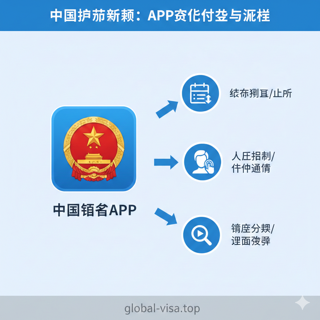 功能图用于展示'中国领事APP'的核心优势和流程。画面以信息图表风格设计，中心是一个放大的'中国领事APP'图标，周围有三个箭头指向三个关键功能点：'线上填表/上传'、'人脸识别/身份验证'、'进度查询/视频复审'。整体色彩采用APP的蓝色调和红色点缀，简洁明了。使用扁平化设计和清晰的线条，强调在线办理的便捷性和高效率，突出APP是核心工具的特性。
