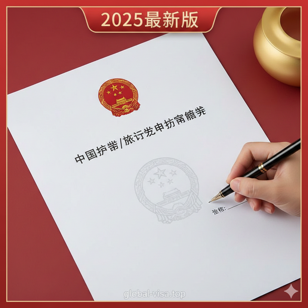 设计风格：现代、权威、信息可视化。图片主体是一个带有中国国徽水印的A4纸张，上面清晰印着《中国护照/旅行证申办承诺书》的标题。纸张的一角被一只手拿着黑色钢笔指向“签名”位置，突出“填写”的主题。背景采用柔和的中国红与金色渐变，上方叠加“2025最新版”的数字标签。整体色调庄重而不失活力，强调权威性和时效性。