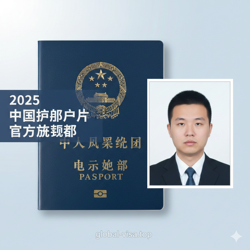 一张富有专业感的封面图，核心元素是中国新版电子护照的局部特写和一个合规的白色背景护照照片。护照照片应展示一个着深色服装、表情中性的标准人像。背景色调应是冷静且专业的蓝色或白色，左侧或顶部叠加一个透明度较低的图层，用中文标出“2025 中国护照照片官方规范”。构图上，护照和照片并列，暗示文章内容的权威性和指导性。整体风格应简洁、高清、信息导向。