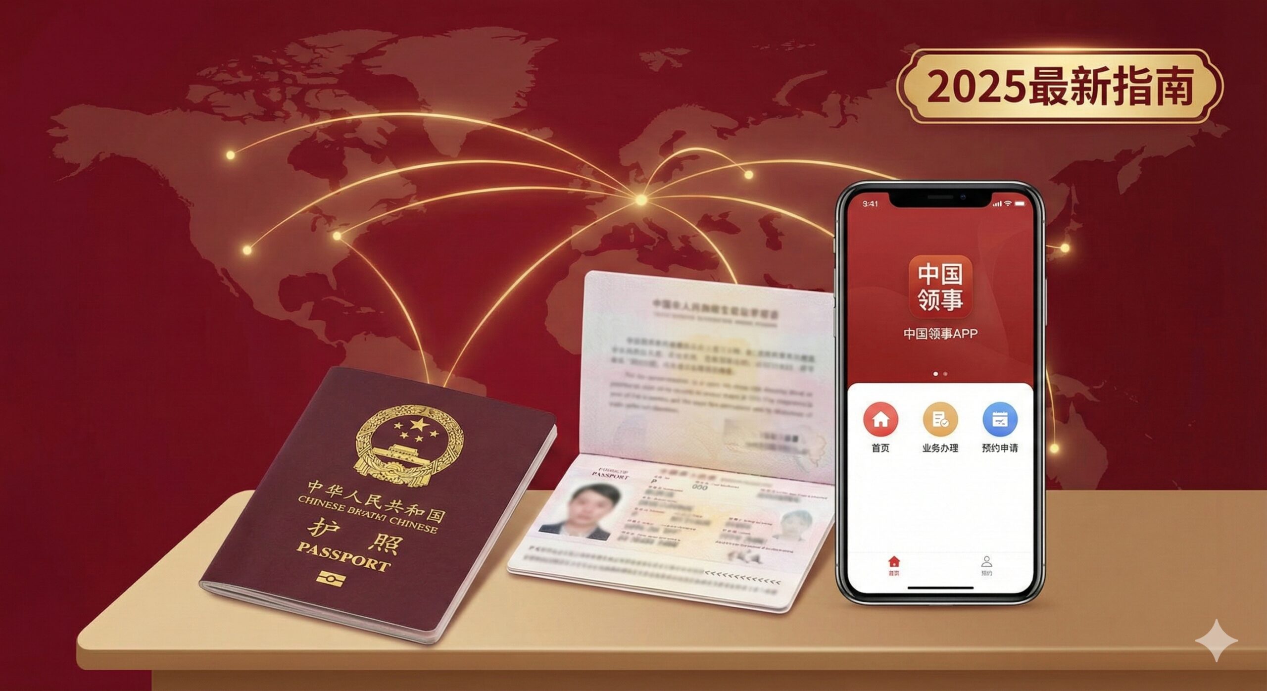 一张醒目的封面图,以深红色和金色为主色调,象征中国护照的官方和重要性。主视觉元素是中国护照的封面和一本打开的护照信息页(模糊处理个人信息),旁边是手机屏幕上显示的“中国领事APP”图标和主界面(首页或业务选择界面)。左上角或右上角放置“2025最新指南”的标签。整体风格现代、简洁、专业,传达高效、权威的服务感。背景可以有淡淡的地图或全球化线条纹理,象征海外服务。