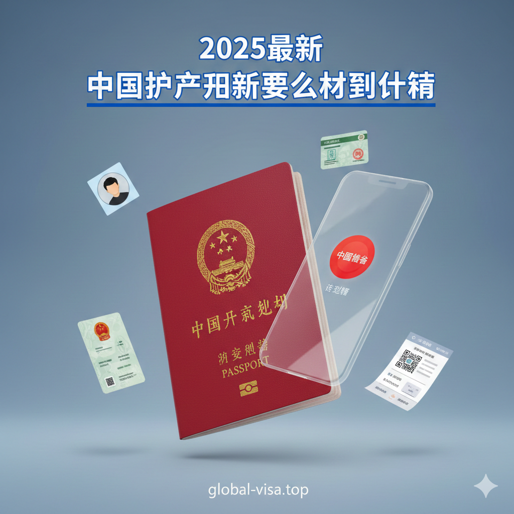 设计一张引人注目的封面图，以中国护照的红色为主色调，营造官方、权威且现代的风格。画面主体为一本摊开的中国护照，右侧浮现一个透明的手机界面，界面上是'中国领事'APP的图标和'待制证'状态提示。周围环绕着4-5个关键材料的微型图标：一张电子证件照、一张绿卡或签证页的简化图形、以及一张打印的订单信息页。背景使用柔和的渐变蓝色或灰色，象征全球服务。强调'2025最新'和'材料清单'的清晰标题。