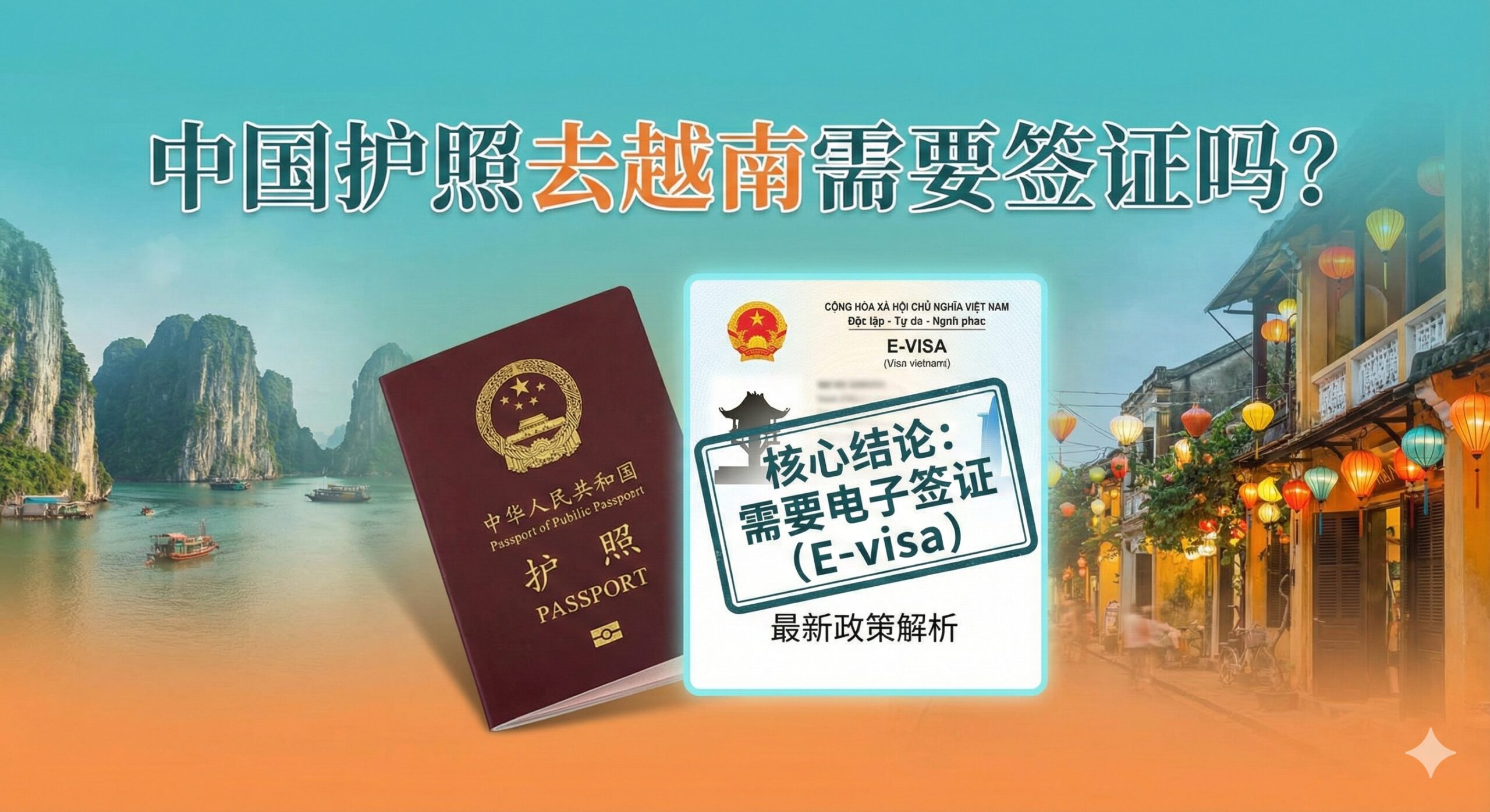 一张醒目的封面图,主题是'中国护照去越南需要签证吗?'。画面中央是一本打开的中华人民共和国护照,旁边叠加着一张高亮显示的越南电子签证(E-visa)的样图,E-visa上可见越南的标志性建筑如河内的独柱寺或胡志明市的金融塔剪影。背景是越南著名的旅游景观,如下龙湾的喀斯特地貌和灯笼装饰的会安古镇,采用鲜艳但柔和的东南亚色彩(如绿松石色和暖橙色)。整体构图专业、信息突出,强调'核心结论'和'最新政策'。