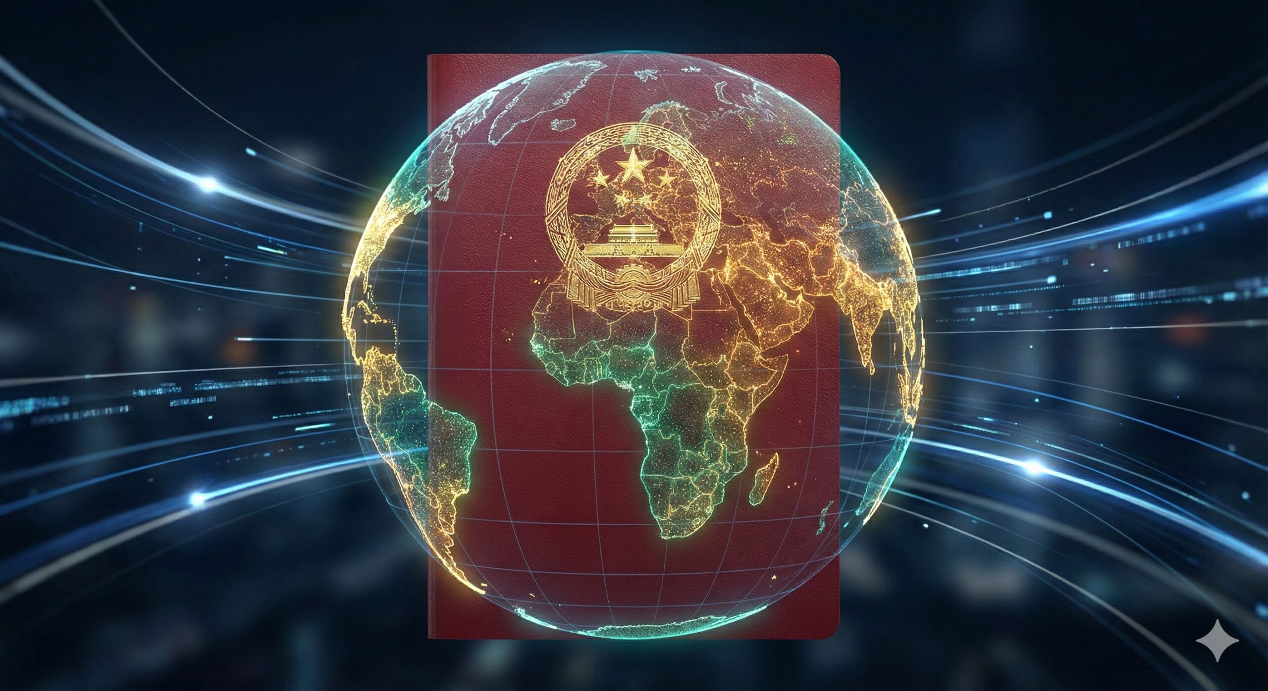 一张吸引眼球的封面图，主题为“2025中国护照免签”。画面中心是一个放大、色彩鲜艳的中国红色护照，护照上叠加着一个小小的世界地图或地球仪的轮廓。地图上所有对中国护照免签（包括落地签）的国家区域被高亮显示为亮金色或绿色，形成强烈的视觉对比。背景为抽象的全球旅行和数据流动的线条，营造出速度感和现代感。整体风格为高端、权威、信息图表式，强调“最新”和“含金量”。