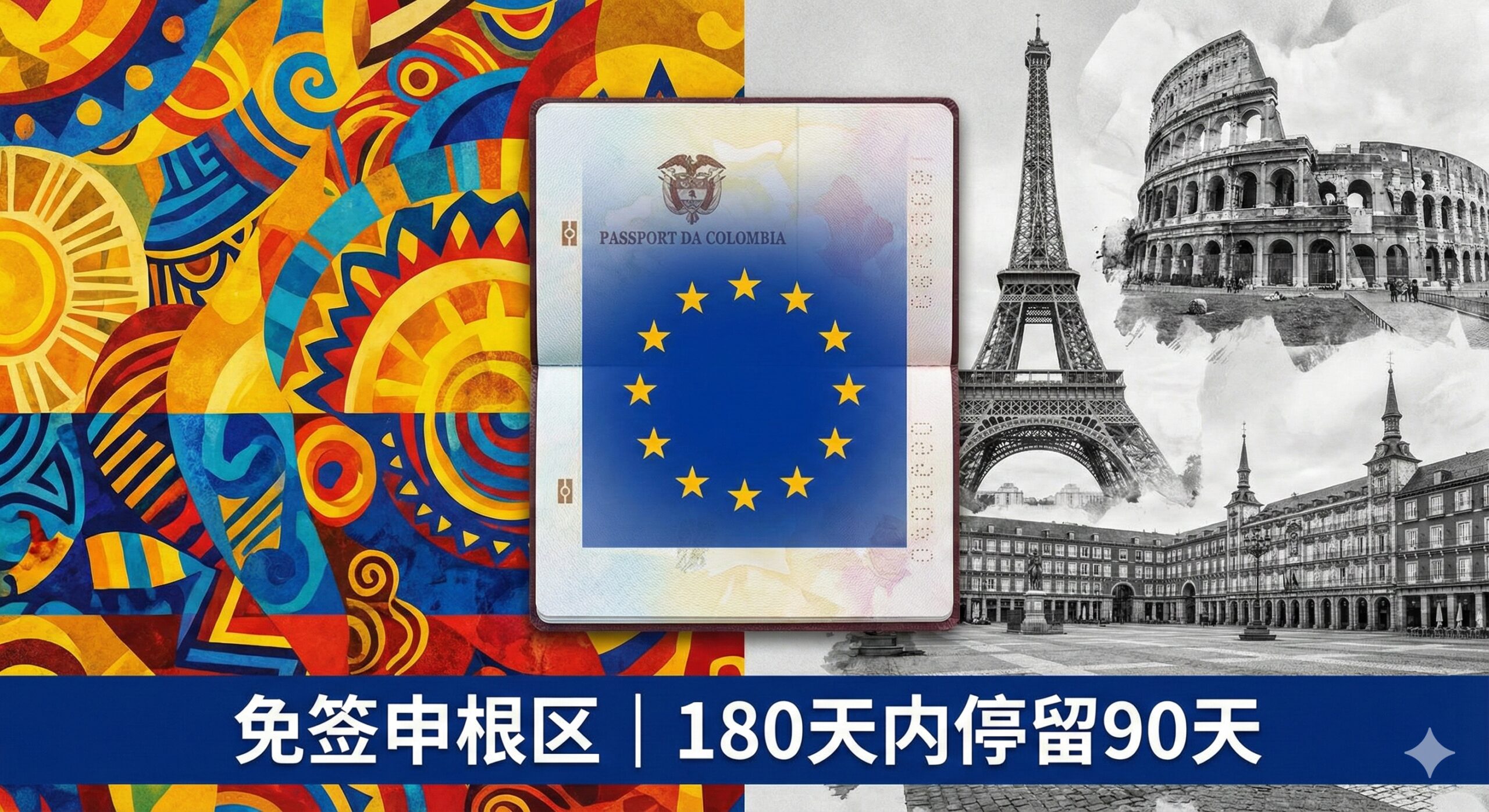 突出哥伦比亚护照的核心功能——申根区免签通行权。图片中央是一个正在打开的哥伦比亚护照，护照内页叠加着一个象征申根区的蓝色欧盟旗帜图案，旗帜上的星星呈环形。背景是一个欧洲标志性建筑的拼贴画，如巴黎铁塔、罗马斗兽场和马德里广场。构图采用对比手法，一半是哥伦比亚的活力色彩，一半是欧洲的古典建筑，象征着无缝连接。下方配有清晰的中文小字：“免签申根区 | 180天内停留90天”，强调其便利性。