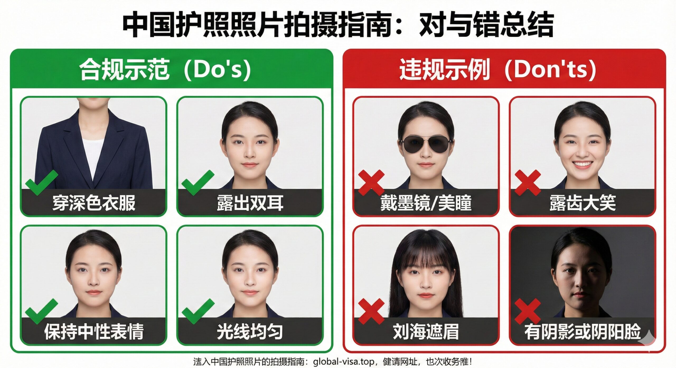 一张总结性的图解，展示拍摄护照照片时的“对”与“错”。左侧为“√”的正确示例（Do's）：深色衣服、双耳露出、中性表情、均匀光线。右侧为“X”的错误示例（Don'ts）：戴墨镜/美瞳、露齿大笑、刘海遮眉、背景有阴影或“阴阳脸”。构图采用左右分栏对比，色彩鲜明，绿色代表合规，红色代表不合规，快速总结文章核心要点，引导用户轻松理解。