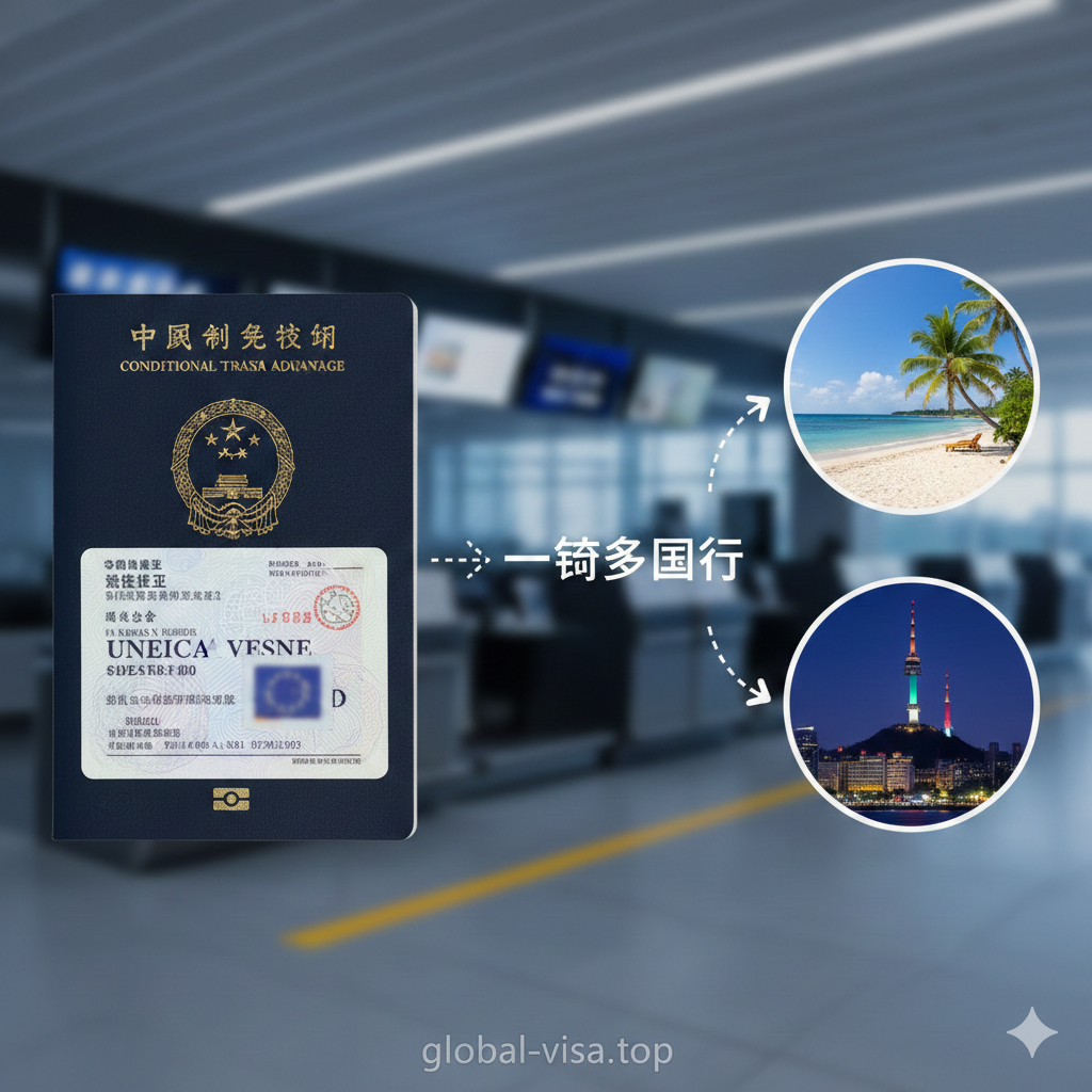 创意合成图，视觉化展示'有条件免签'与'过境免签'的优势。画面左侧特写展示护照页面上的有效'美国签证'或'申根签证'贴纸，右侧则是通过虚线连接到的菲律宾海岛或韩国首尔塔风景，寓意'一张签证，多国通行'。背景模糊处理为国际机场的中转柜台或贵宾休息室，色调偏向商务蓝灰色，强调利用现有签证拓展旅行版图的智慧攻略，突显文章的深度价值。