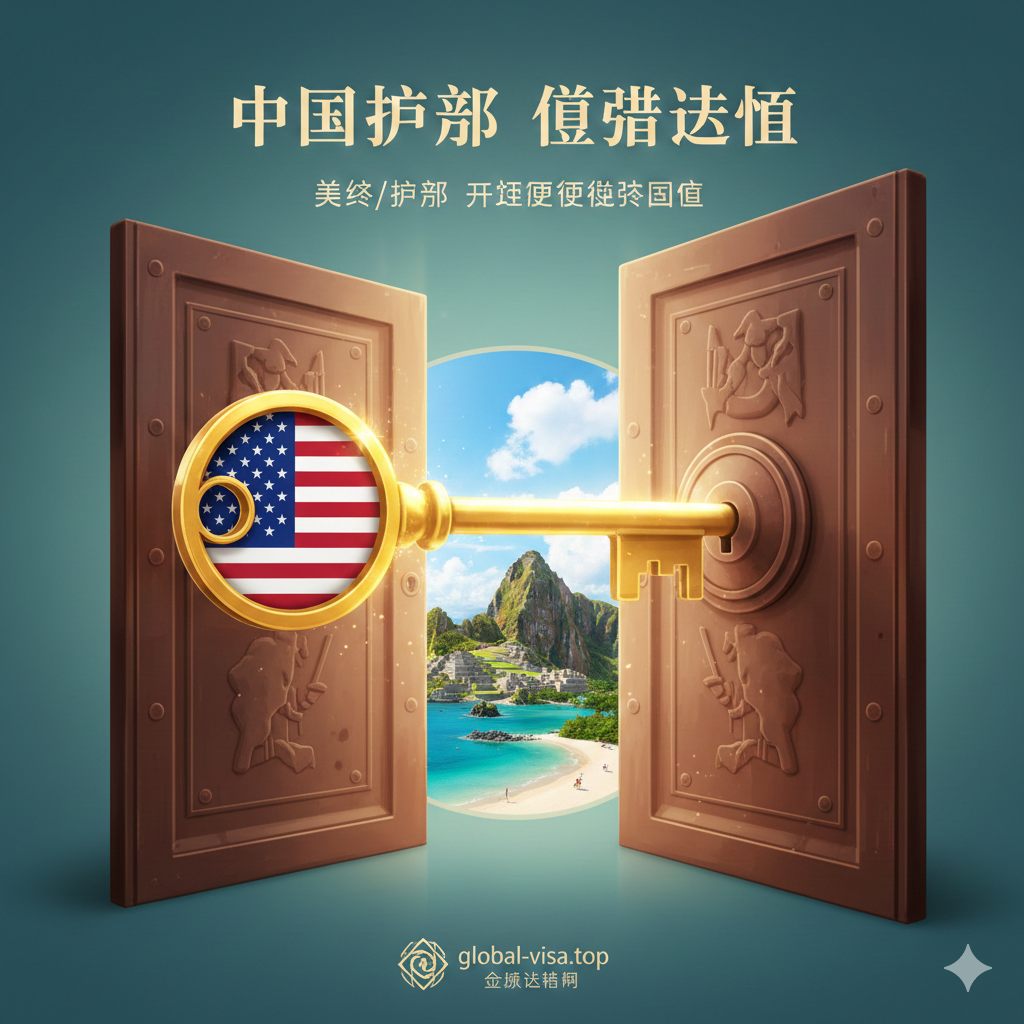 一张概念性的插画，展示“有条件免签”的隐藏价值。画面主体是一把金色的钥匙，钥匙柄部设计有美国签证和欧盟申根签证的标志，这把钥匙正在开启一扇通往南美洲（如墨西哥、秘鲁）和菲律宾等风景优美的大门。背景采用渐变色，象征着解锁更多世界的可能性。视觉元素精致高端，暗示拥有美签或申根签可以让中国护照的效力倍增，通过视觉隐喻增强读者的理解。