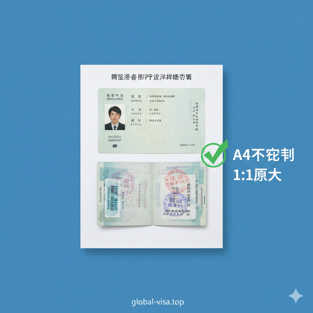 一张直观的平面教学图，展示标准的A4纸复印件排版。画面中央是一张垂直放置的A4白纸，上半部分清晰印有护照带照片的首页，下半部分印有护照背面带贴纸的一页。旁边标注绿色的对勾符号，以及文字标签'A4不裁剪'、'1:1原大'。视觉风格呈现为干净的扁平化设计或实拍俯视视角，帮助用户秒懂正确的复印位置和规范，避免操作失误。