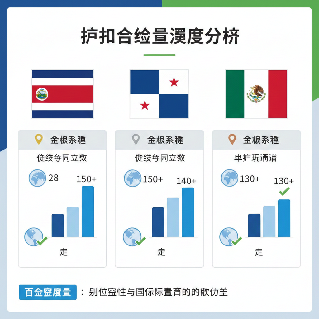 一张对比图,用于突出护照的“含金量深度分析”部分。画面主体是一个三列的信息图表(Infographic),分别代表哥斯达黎加、巴拿马和墨西哥三国护照。使用各国国旗作为视觉元素,并用图钉、小图标或百分比柱状图直观展示“全球排名”、“免签国家总数”和“申根区通行”的对比数据。整体采用商务蓝、绿色和白色,风格清晰、数据可视化强,突出哥斯达黎加在政治稳定性和国际声誉上的独特优势。