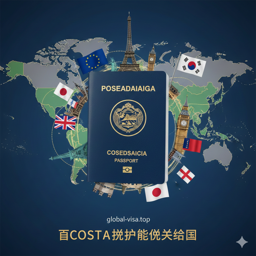 一张富有活力和国际感的封面图。主体是一个设计精美的哥斯达黎加护照(封面颜色为深红色或深蓝色,带有国徽),护照上方或周围环绕着全球各地标志性建筑的微缩模型(如埃菲尔铁塔、自由女神像、日本富士山)和申根区、英国、日韩等国家的旗帜。背景是一个半透明的世界地图,用金色或亮绿色线条突出显示哥斯达黎加护照的免签国家和地区,象征其全球通行能力。整体风格现代、高端,使用明亮且对比强烈的色彩,突出“自由通行”的主题。