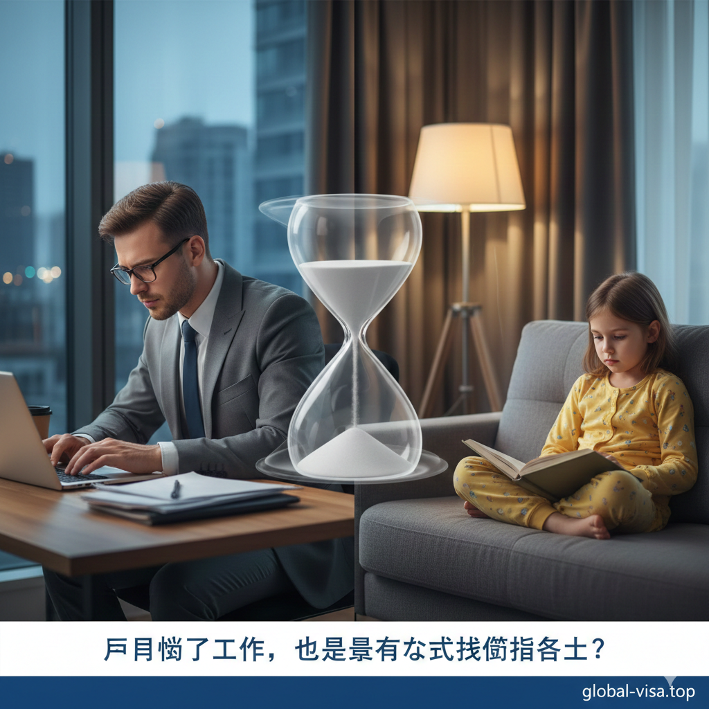 图片作为文章封面，应展现工作与家庭监护的冲突与平衡。风格为现代、专业、略带温情。画面左侧是一位穿着商务装的父母（可以是父亲或母亲）忙碌地操作笔记本电脑，面带一丝疲惫和焦虑；右侧是一个年幼的孩子（约5-8岁）坐在沙发上，手里拿着玩具或书本，面带期盼或略微失落。两者之间用一个半透明的、象征时间流逝的沙漏或时钟符号区隔，象征时间资源的紧张。色彩以冷静的商务蓝、灰色调为主，辅以家庭场景的暖黄色灯光，突出主题“父母上班没时间照顾孩子是否属于没有监护能力”。
