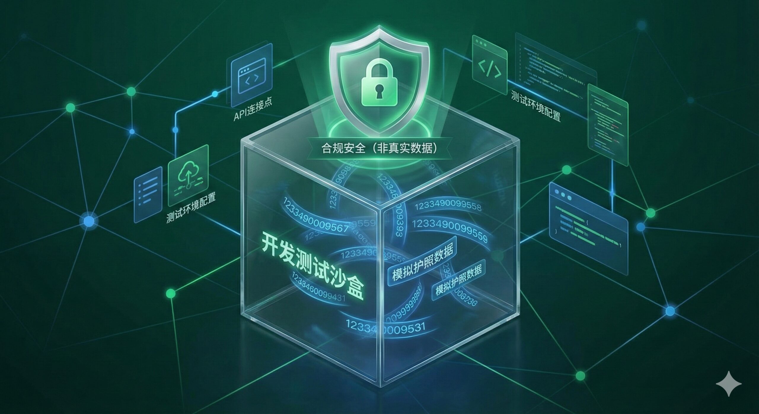 针对开发者的抽象概念图。画面展示一个3D立体的'沙盒（Sandbox）'环境，内部漂浮着许多生成的虚拟护照号码字符串。一个盾牌图标守护着这些数据，象征安全性和合规性（非真实数据）。背景包含API接口连接的示意线条和代码片段，色调采用安稳的绿色和科技蓝，传达出'用于测试'、'安全无风险'的视觉信息。