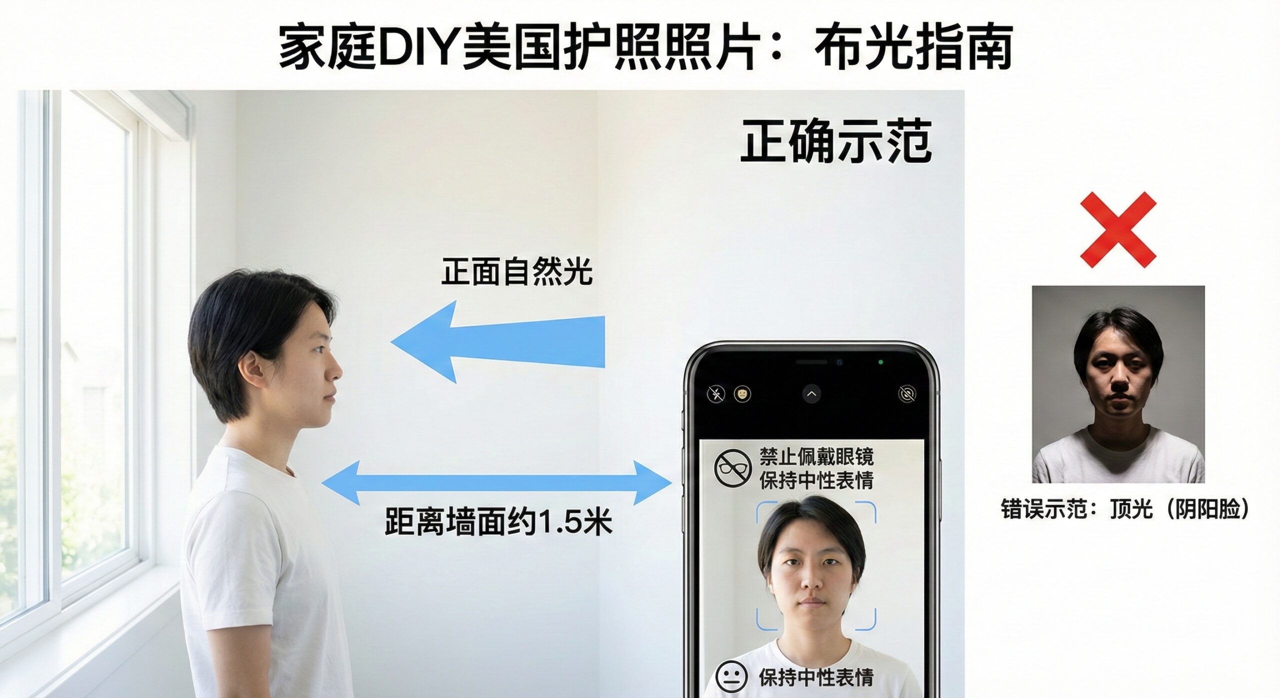 展示家庭DIY拍摄场景的教程图。画面中一名模特站在距离白墙约1.5米处，正面对着明亮的窗户，自然光均匀照在脸上，无阴影。另一侧展示手机拍摄视角，屏幕上有'禁止眼镜'和'中性表情'的图标提示。画面采用明亮通透的摄影风格，用简单的箭头指示光线方向，并用红叉标记错误的顶光（阴阳脸）效果，直观教学如何布光。