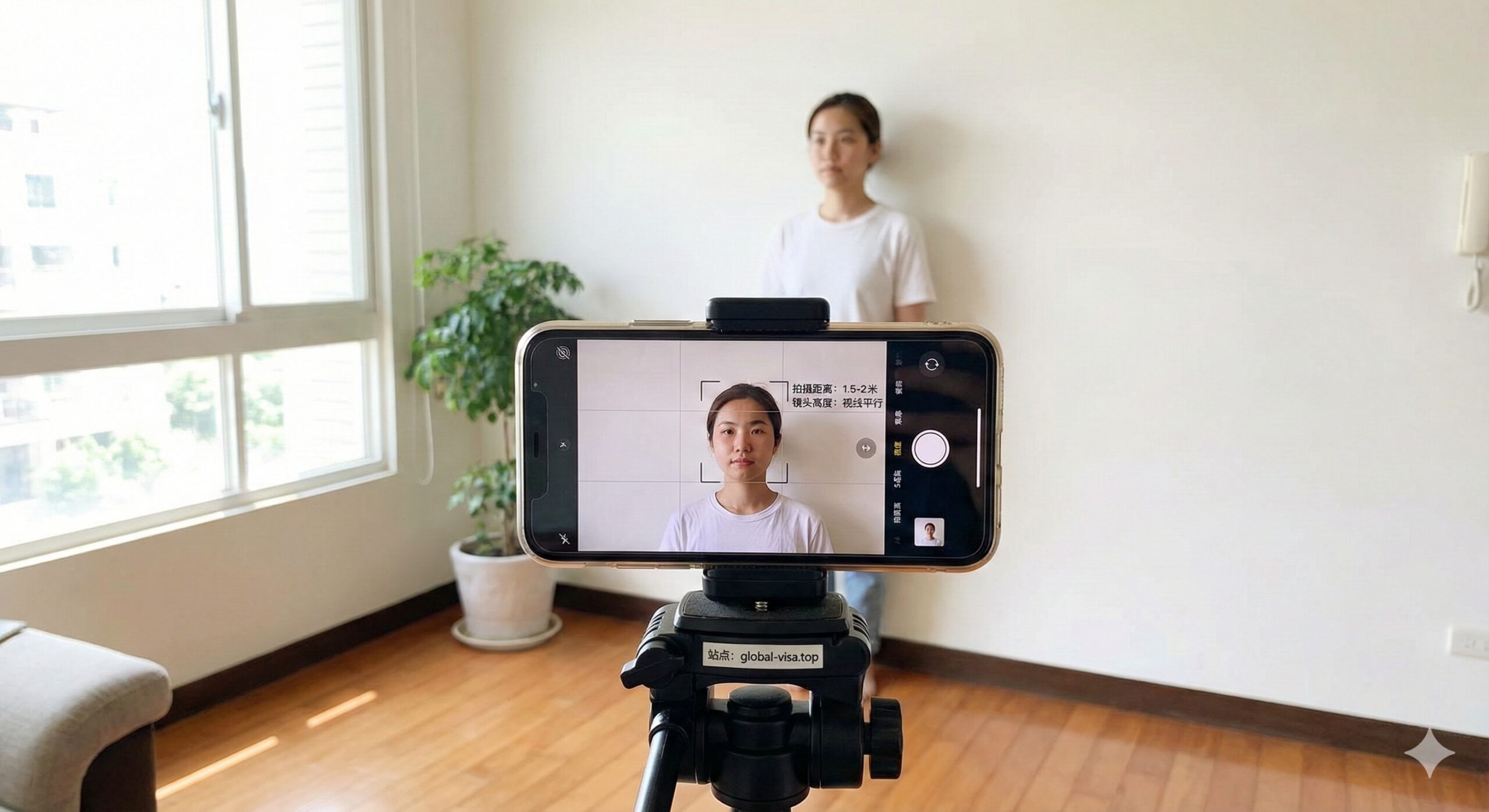 一张生活化的DIY拍摄教程示意图。场景是一个光线充足的居家环境，模特站在一面干净的白墙前，面向窗户自然光。前景是一部安装在三脚架上的智能手机，屏幕画面正好框住模特的头部和肩膀，展示正确的拍摄距离（1.5-2米）和与视线平行的镜头高度。视觉风格实用、明亮，传达‘在家也能拍出合格照片’的教程意图。