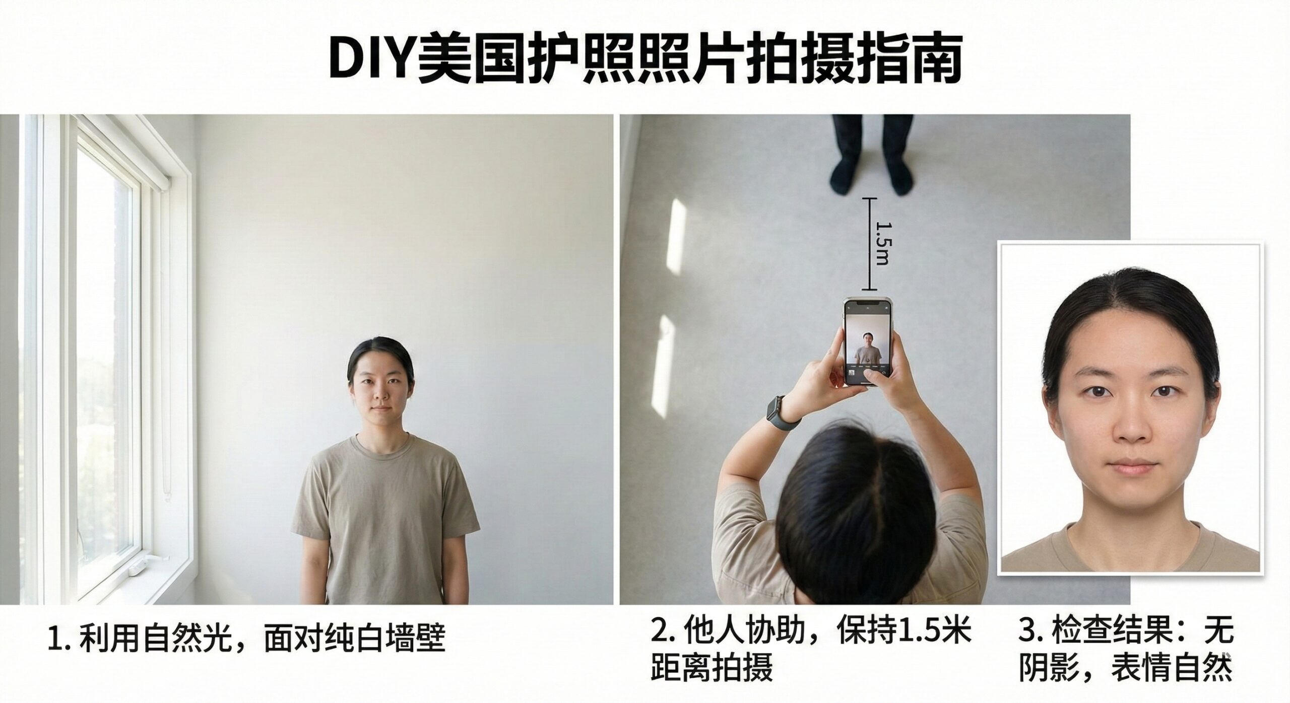 一张关于DIY手机拍摄教程的指导图。画面分割成三个部分或以步骤图形式呈现：左侧展示一个用户站在大窗户前（利用自然光）面向纯白色墙壁拍摄的场景；中间部分展示一个朋友或家人在约1.5米距离外使用手机后置摄像头拍摄的俯视图；右侧小图强调“无阴影、无闪光灯、表情中性”的正确结果。整体色调明亮自然，重点突出“自然光”、“纯白背景”和“避免畸变”的拍摄技巧。