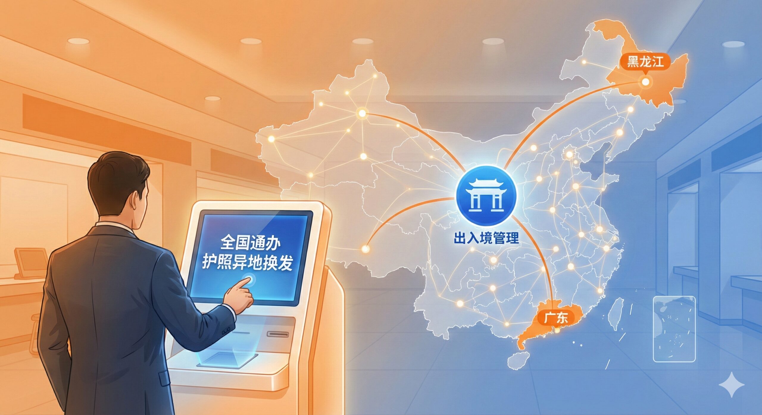 表现国内'全国通办'便利性的概念图。画面背景是一幅风格化的中国地图,地图上用连接线将不同省份(如黑龙江和广东)连接起来,汇聚到一个中心的'出入境管理'图标上。前景是一位职场人士在出入境大厅自助机前轻松操作办理的背影。色调使用温暖的橙色和稳重的蓝色,寓意异地办事不再困难,流程畅通无阻。
