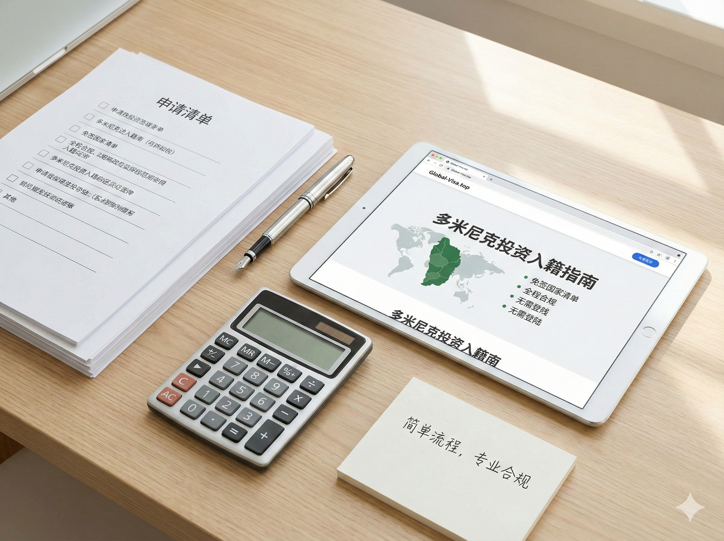 一张清新明亮的俯拍办公桌面图，展示护照申请的流程感。桌面上整齐摆放着印有'Application Checklist'的文件、一只昂贵的签字笔、一个计算器（象征投资成本）以及一台显示着Global-Visa.top网页界面的平板电脑。光线为自然的室内白光，构图极简有序，传达出申请流程简单、无需登陆、全程合规的专业形象，消除用户的复杂感。