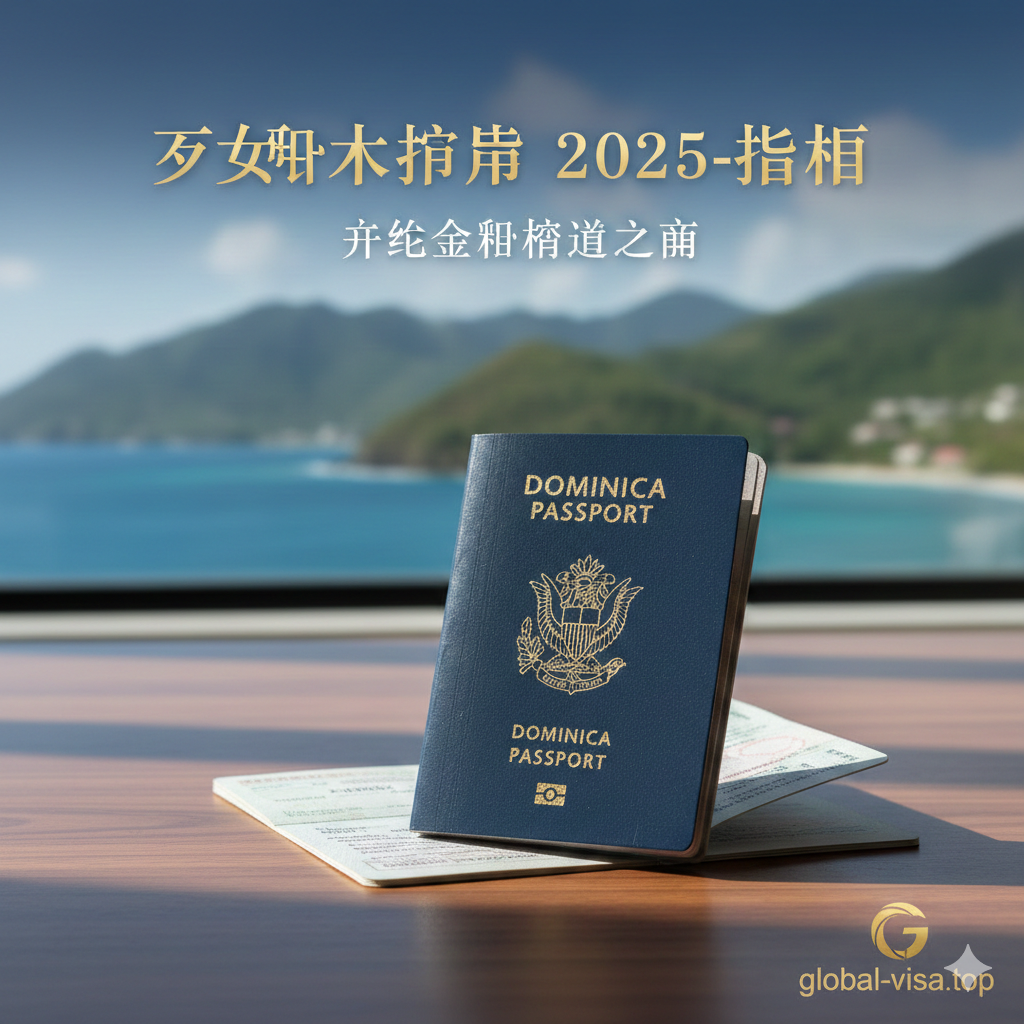 一张极具质感的高清摄影图，展示一本深蓝色的多米尼克护照放置在高级胡桃木办公桌上，护照封面上的金色国徽在阳光下熠熠生辉。背景虚化处理，隐约可见加勒比海碧蓝的海水和郁郁葱葱的热带山脉，象征着'自然岛'的美誉。整体色调为高端商务蓝与金色的结合，光线柔和自然，营造出尊贵、自由且值得信赖的氛围，完美契合global-visa.top的专业形象。