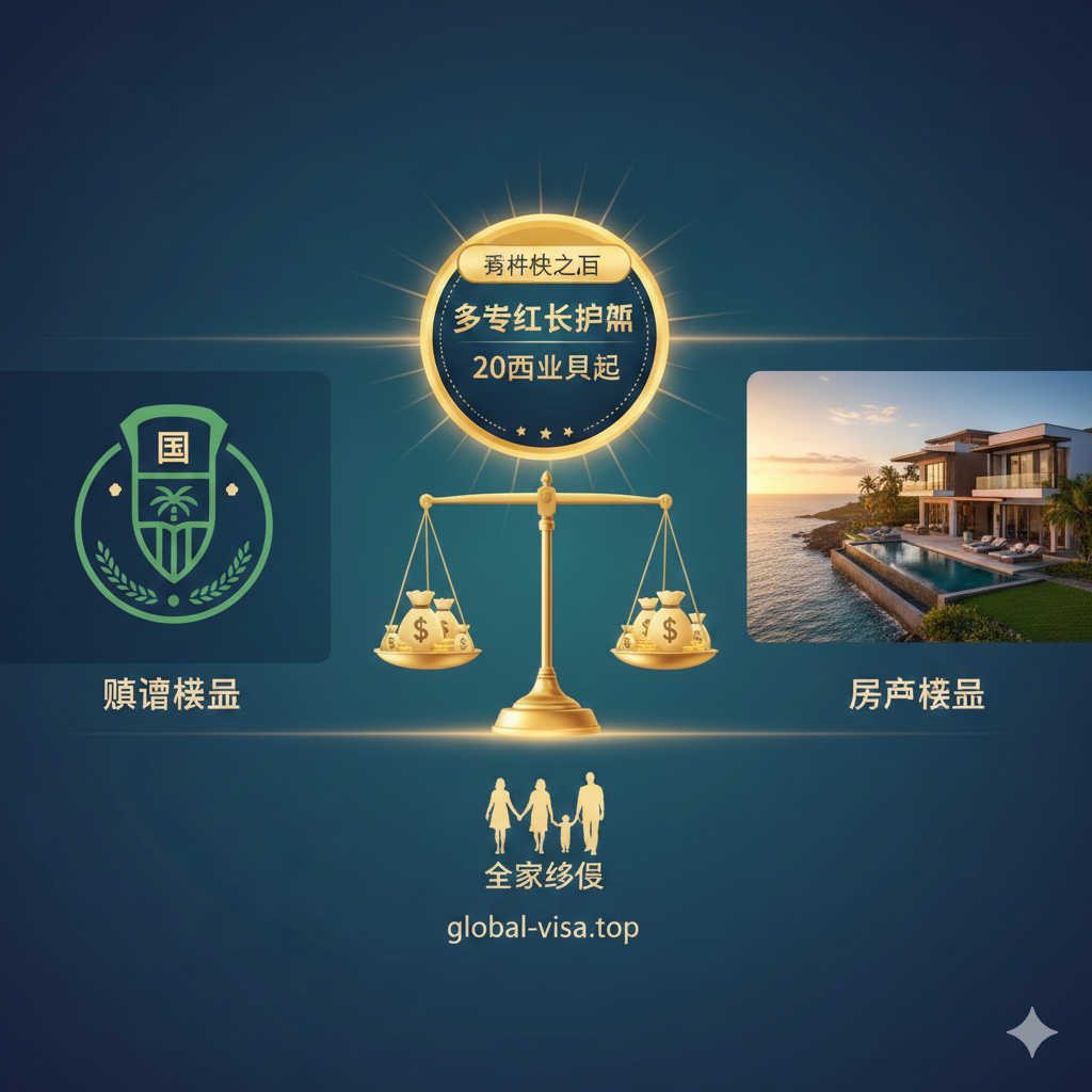 一张对比鲜明的金融概念图，画面左侧展示'捐赠模式'（象征性的国家基金图标），右侧展示'房产模式'（豪华海景别墅插画）。中间是一个金色的天平或'性价比之王'的勋章，强调多米尼克护照20万美元起的低门槛优势。图片底部隐约可见一家三口手牵手的剪影，象征全家移民。整体设计专业、严谨，旨在帮助投资者理解费用结构和投资回报。