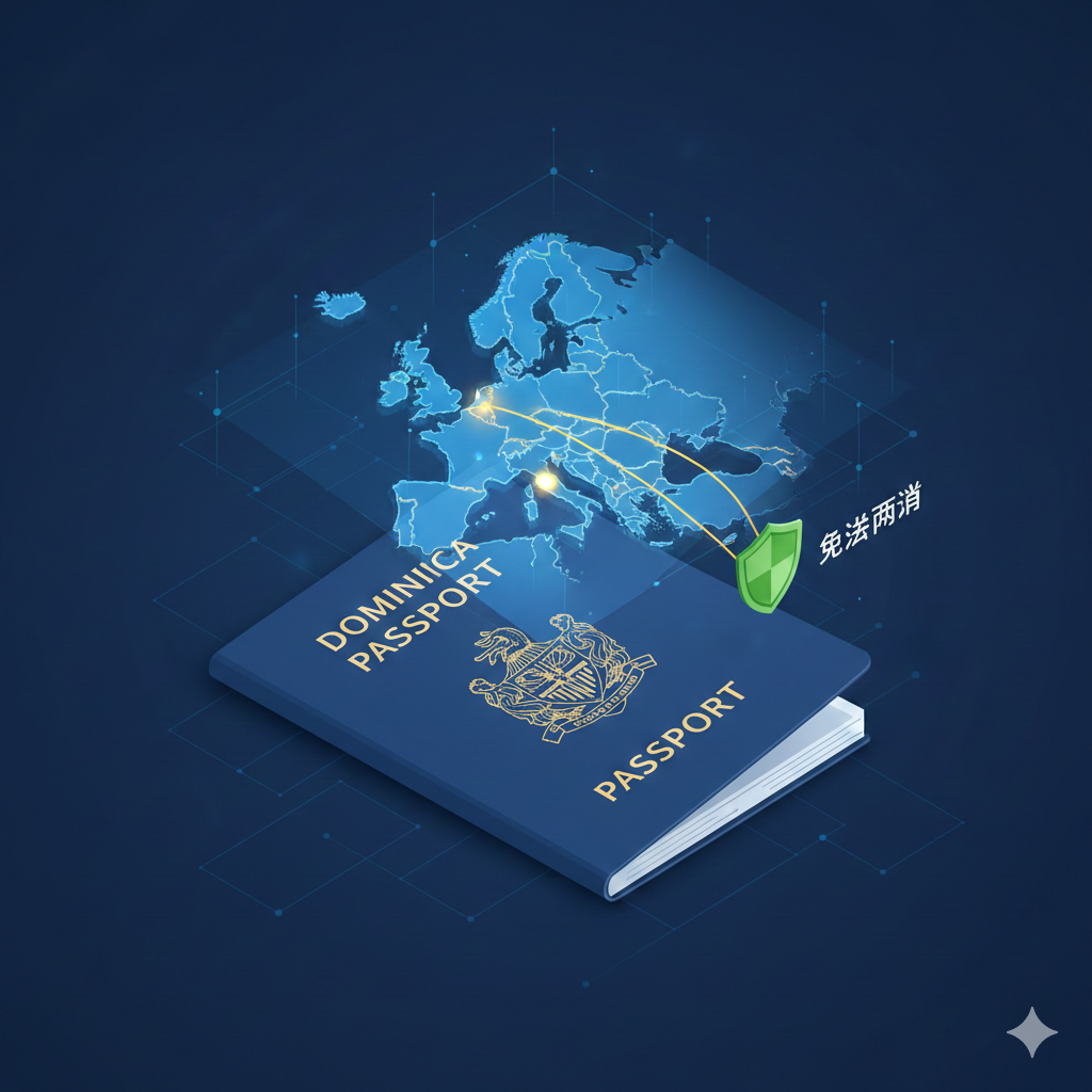 一幅现代化的概念插图，展示多米尼克护照作为通往欧洲的钥匙。画面中央是一本打开的护照，上方悬浮着全息投影的欧洲地图，重点高亮了申根区国家（如法国、德国）和英国。地图之间有金色的航线连接，并在旁边配有绿色的'免签通行'（Visa Free）盾牌图标。设计风格采用科技感的扁平化3D渲染，背景为专业的商务蓝，强调其在欧洲通行的核心价值。
