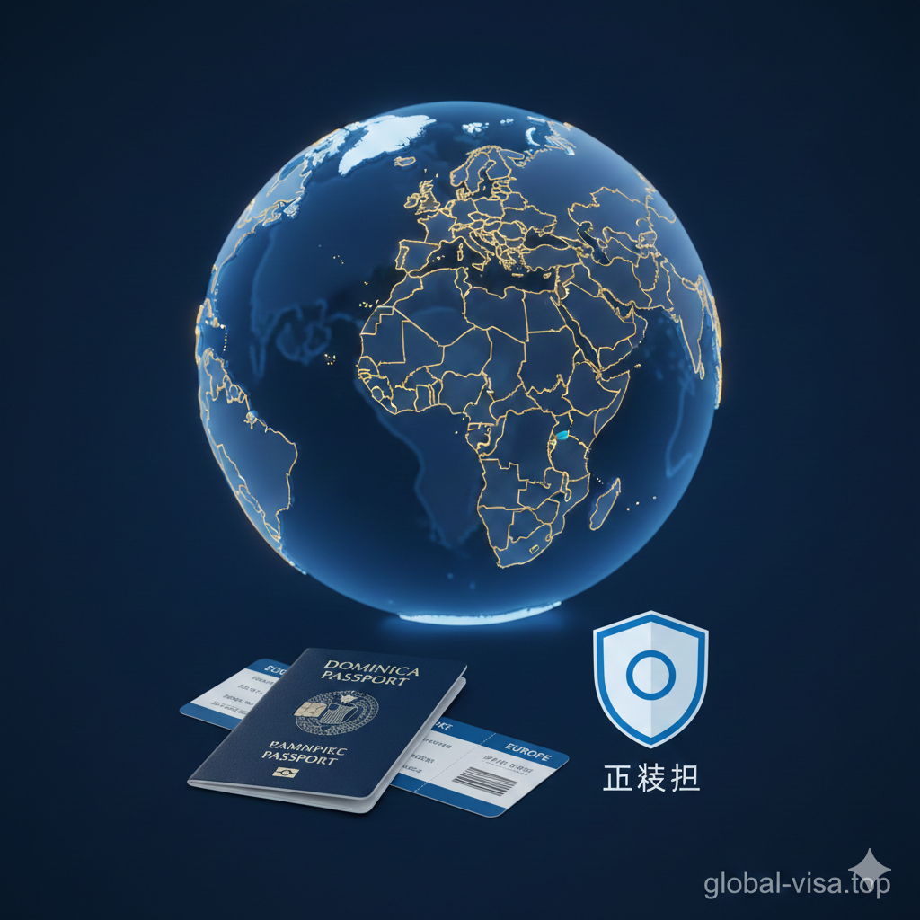 一张现代化的3D数据可视化图片，核心是一个发光的世界地图，其中英国、申根国家（欧洲）、新加坡和香港等160+免签地区被高亮显示为金色。前景是一本打开的多米尼克护照和一张飞往欧洲的登机牌，旁边配有象征'零税负'的盾牌图标。图片风格简洁科技，采用蓝白配色，直观展示多米尼克护照的全球通行能力和税务规划优势。