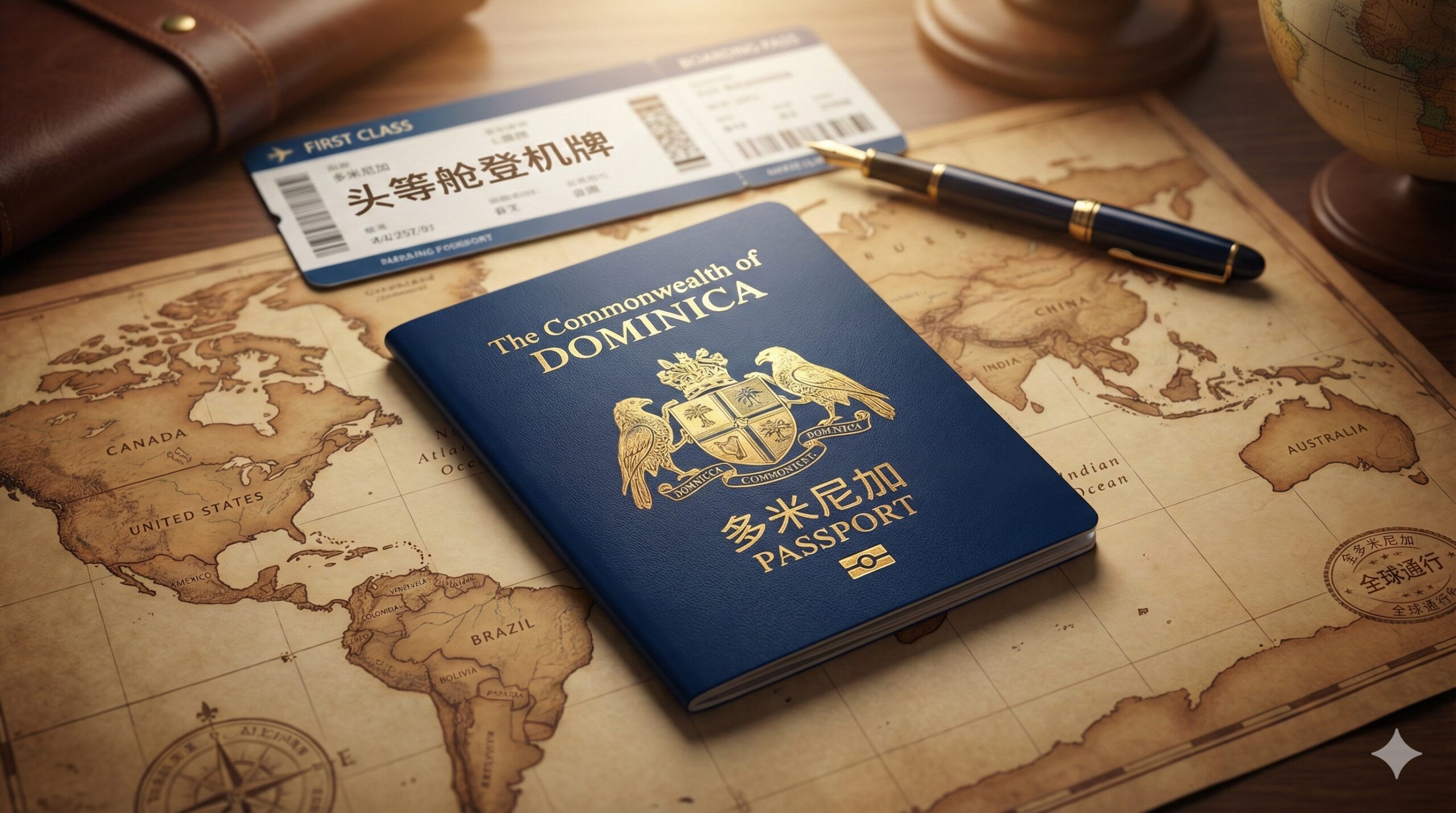 一张极具质感的高端摄影图，特写展示深蓝色的多米尼克（The Commonwealth of Dominica）护照放在一张复古风格的世界地图上。柔和的暖色顶光照射在护照封面的金色国徽上，反射出尊贵的光泽。背景中虚化展示着一张头等舱登机牌和精致的钢笔，整体色调以深蓝和金色为主，营造出高端商务和全球通行的自由氛围，完美契合投资移民的主题。