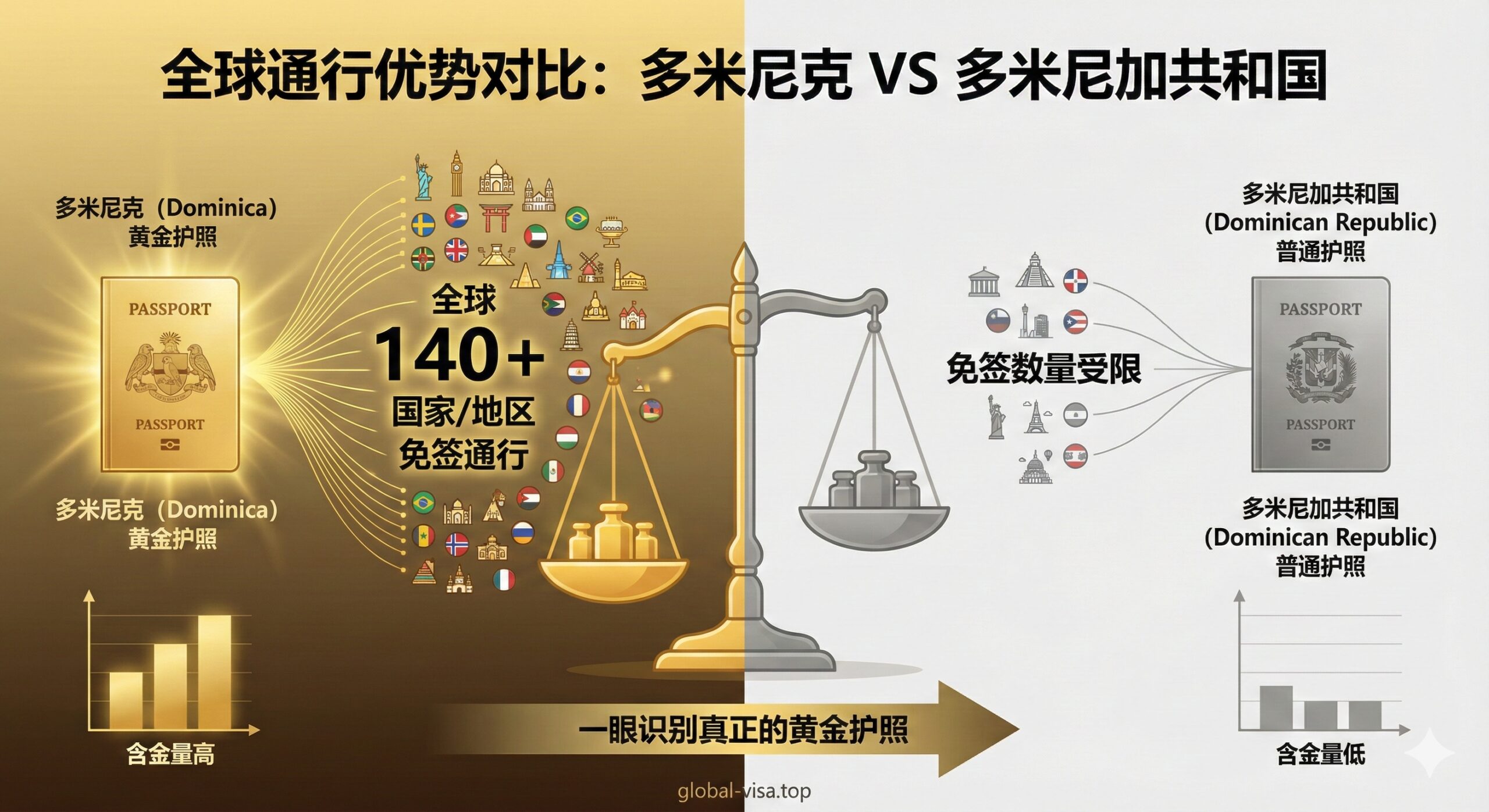 一张对比鲜明的数据可视化风格图片，用于区分多米尼克与多米尼加共和国。画面左侧是发着金光的多米尼克护照，连接着全球140+个国家的图标；画面右侧是暗淡的普通护照，连接线较少。中间有一个天平或者对比图表，直观展示'免签数量'和'含金量'的巨大差异。色彩上使用金色代表高价值，灰色代表普通，帮助用户一眼识别真正的'黄金护照'。