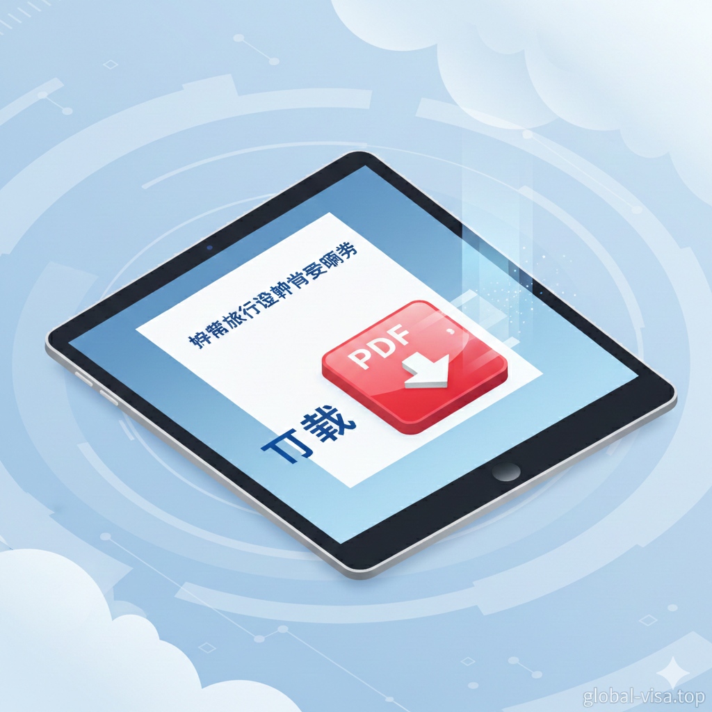 A modern digital illustration or photo-manipulation focusing on the 'Download' concept. A sleek laptop or tablet screen displaying the PDF preview of the 'Passport Supplementary Statement'. A 3D glossy PDF icon is prominent, with a dynamic arrow pointing downwards indicating high-speed download. The color palette should use trustworthy blues and clean whites, symbolizing the official and secure nature of the document provided by global-visa.top.