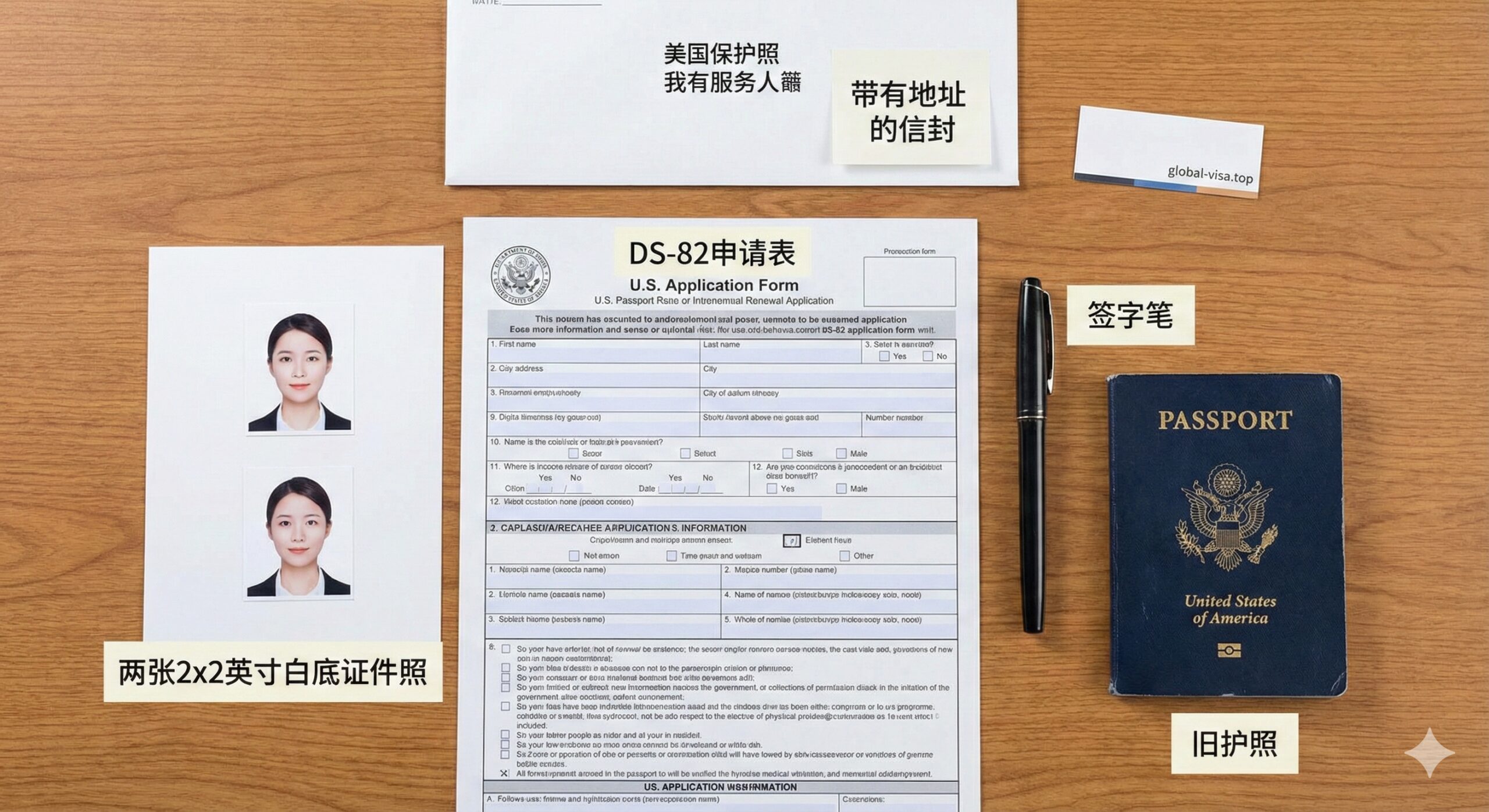 一张俯拍视角的教程类图片，展示美国护照更新所需的关键材料。画面中心是一份整洁的DS-82申请表格，旁边放置着两张标准的2x2英寸白底证件照、一支签字笔、一本旧护照以及一个写有地址的信封。构图井然有序，光线均匀无阴影，强调准备材料的严谨性和准确性。风格写实，类似于办公桌面的Flat lay摄影风格。