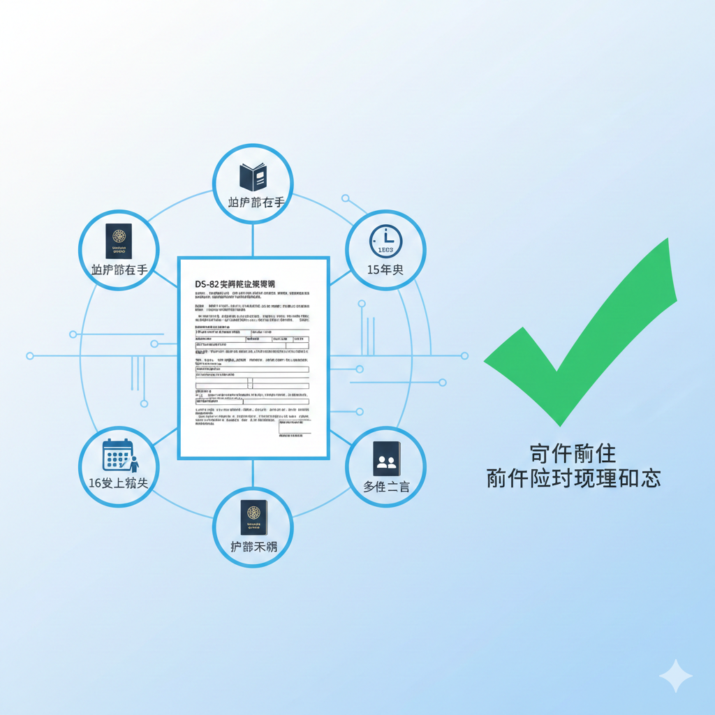 一张清晰的信息图表风格图片，视觉核心是一份打印清晰的DS-82表格。表格周围环绕着五个图标化的检查项，分别代表：‘旧护照在手’、‘16岁以上签发’、‘15年内’、‘姓名一致’和‘护照未损’。背景为干净的纯白或淡蓝色渐变，带有科技感的线条连接，象征资格自测的逻辑流程。图片右侧有一个绿色的巨大勾选标记，暗示符合邮寄更新资格，帮助用户快速判断是否适用该流程。