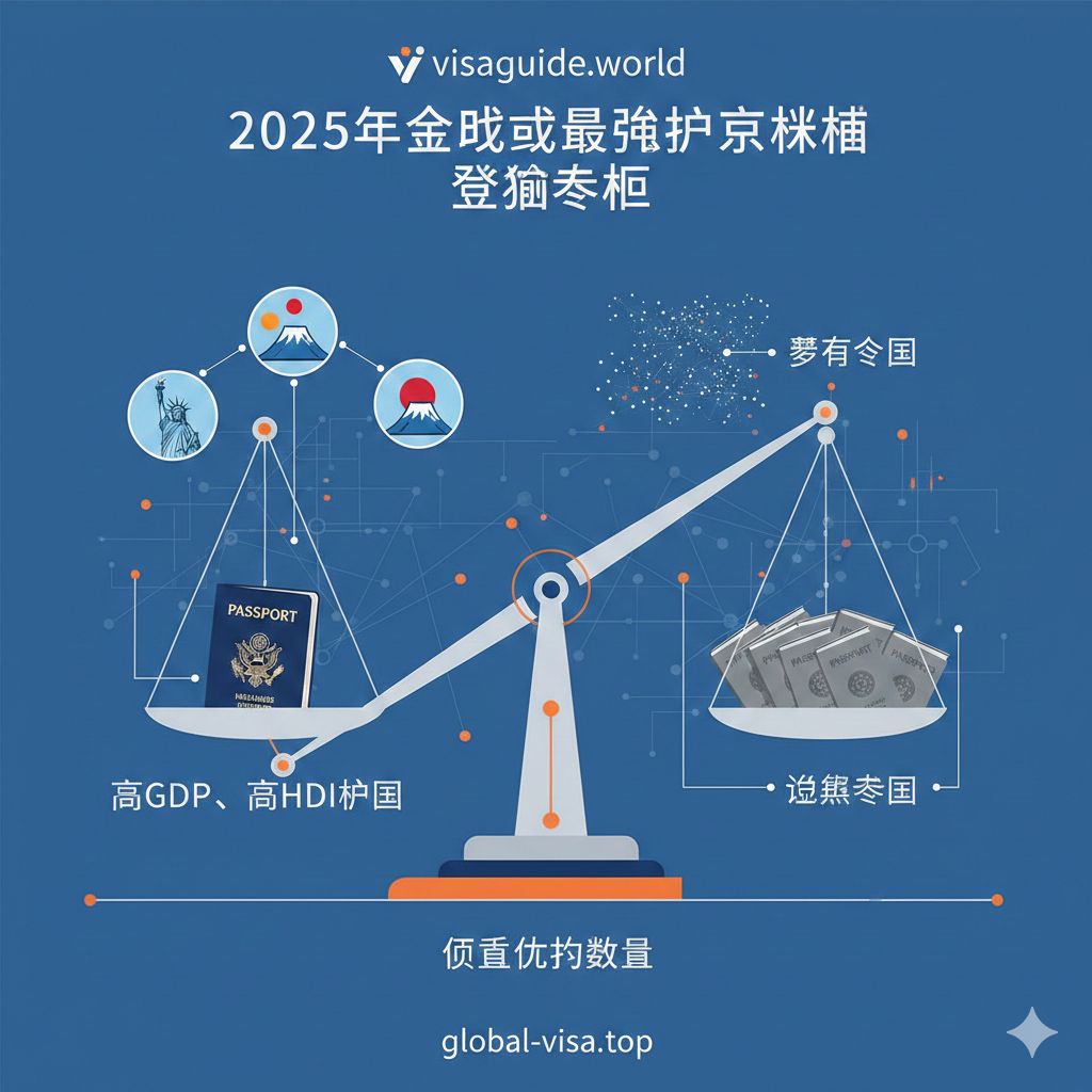 一幅极简风格的数据可视化插图，用于解释DSS（目的地重要性评分）算法。画面中心是一个精致的天平，左侧是一本通往高GDP、高HDI国家（如美国、日本、德国图标）的护照，右侧是通往众多冷门国家的护照，左侧明显更重，直观展示‘质量优于数量’的核心逻辑。配色采用商务蓝与活力橙的对比，辅以数据线条和节点连接，充满科技感与分析深度。