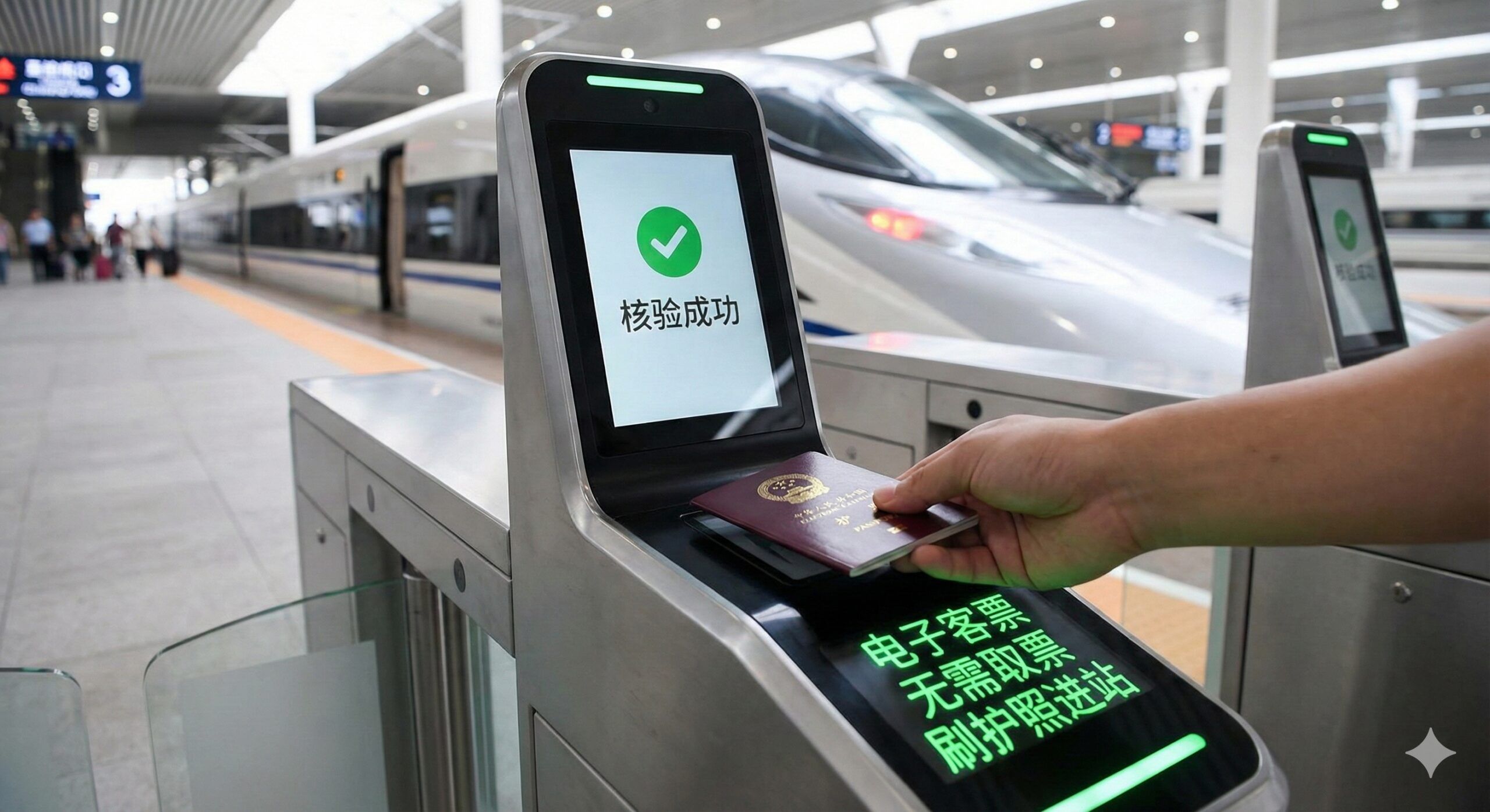 图片用于强调电子客票的便捷性，尤其针对“刷护照进站”的优势。画面主体是一个正在使用外国护照原件在高铁站的自助闸机上“刷卡”进站的特写镜头。闸机屏幕显示“核验成功”或“Welcome”。前景是护照，背景是高速列车停靠的站台或检票口，象征高效通行。构图聚焦于护照与机器的交互，色彩明亮，使用绿色高亮突出“电子客票”、“无需取票”和“刷护照进站”带来的高效和优势。