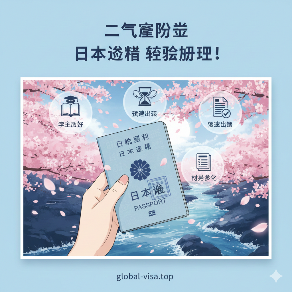 突出服务优势的概念插画。画面中心是一只手拿着盖有日本签证章的护照，背景是梦幻的樱花飘落效果和球磨川的急流剪影。画面中漂浮着半透明的图标，分别代表‘学生友好’、‘极速出签’和‘材料简化’。整体色调为清新的淡蓝色与粉色，结合了二次元的梦幻感与商务服务的可靠性，旨在消除年轻粉丝对签证办理难度的顾虑。