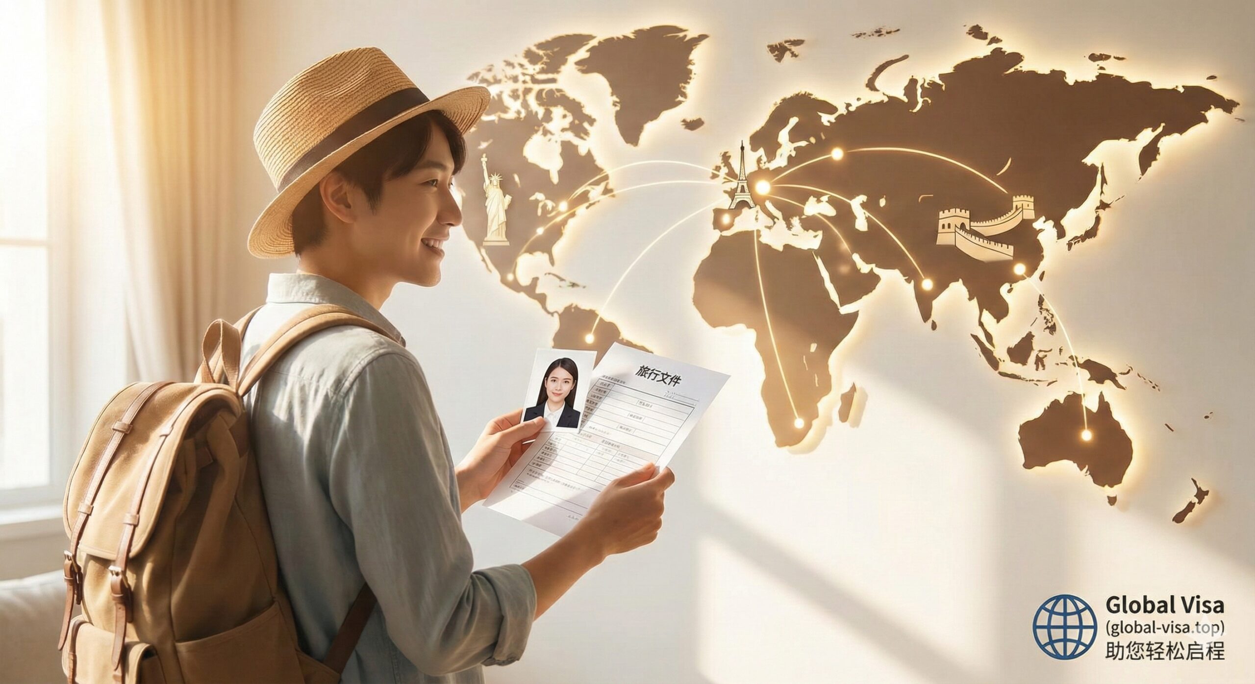 此图为文章的总结与号召,强调“轻松”和“全球旅行”。画面应展现一个人拿着一份已经准备好的合规材料(例如一张打印好的照片和一份已填写的表格),轻松地站在一个世界地图前,地图上用光点或线条连接着多个著名地标。使用柔和、积极的光线和色彩,营造出旅行的兴奋感。右下方应清晰可见Global Visa (global-visa.top) 的品牌标志或名称,作为专业、可信赖的辅助工具提供者。构图开放,象征通往世界的通行证已被轻松“生成”。