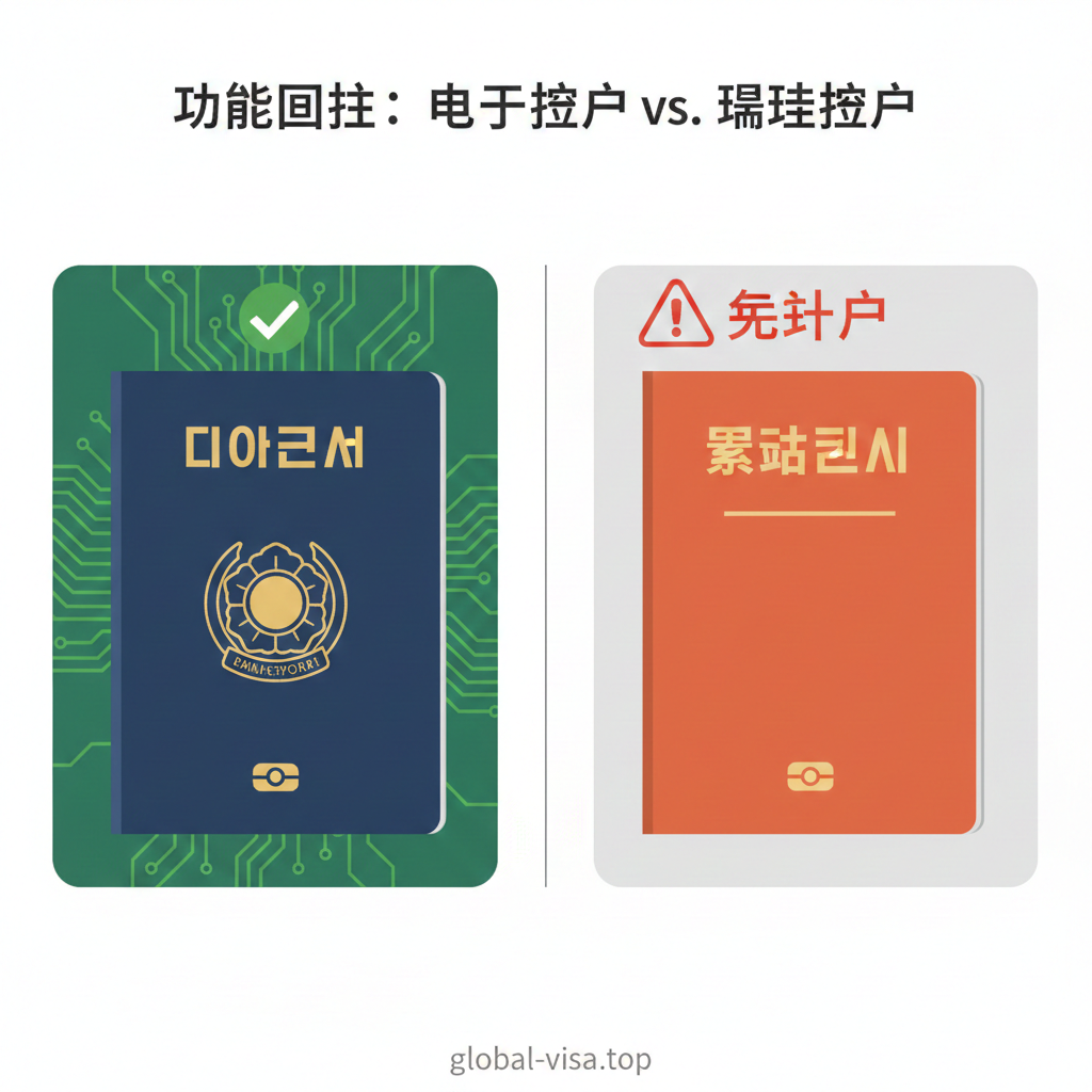 一张对比鲜明的技术解析图。左侧展示带有金色电子芯片图标的标准韩国电子护照，背景伴有科技感的电路板纹理和绿色的验证通过勾号；右侧展示普通的韩国紧急护照，表面平滑无芯片标志，上方悬浮着红色的警告感叹号和'No Chip'字样。构图采用左右分割，清晰地向用户解释为何紧急护照无法通过机器读取生物识别信息，风格简洁、扁平化。