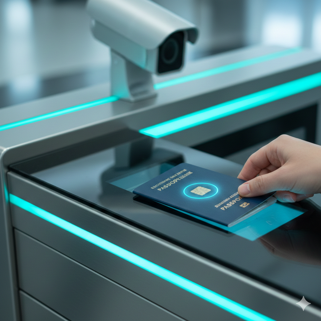 展示现代化边检自助通关闸机(Smart Gate)的使用场景特写。画面聚焦于护照的资料页被放置在玻璃扫描仪上的瞬间,护照内的芯片位置有一圈淡蓝色的科技光晕特效,象征数据正在被读取。背景是充满未来感的机场闸机通道,带有面部识别摄像头的轮廓。色调偏冷色系(青色和金属银),强调电子护照的智能化和通关的高效性。