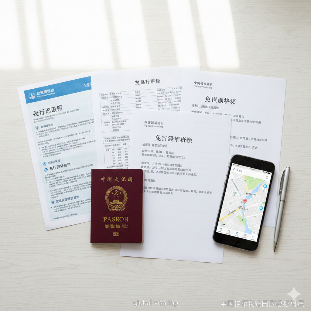 一张高角度俯拍的平铺摄影图（Flat Lay），展示免签入境所需的必备材料。在明亮的白色木纹桌面上，整齐摆放着一本打开的中国护照、打印好的往返机票行程单、酒店预订确认函以及一份标有'Travel Insurance'字样的保险单。旁边搭配一支钢笔和一部显示着地图导航界面的智能手机。光线采用柔和的自然光，画面清晰锐利，传达出'准备充分、安心出行'的实用教程感，引导用户关注入境细节。