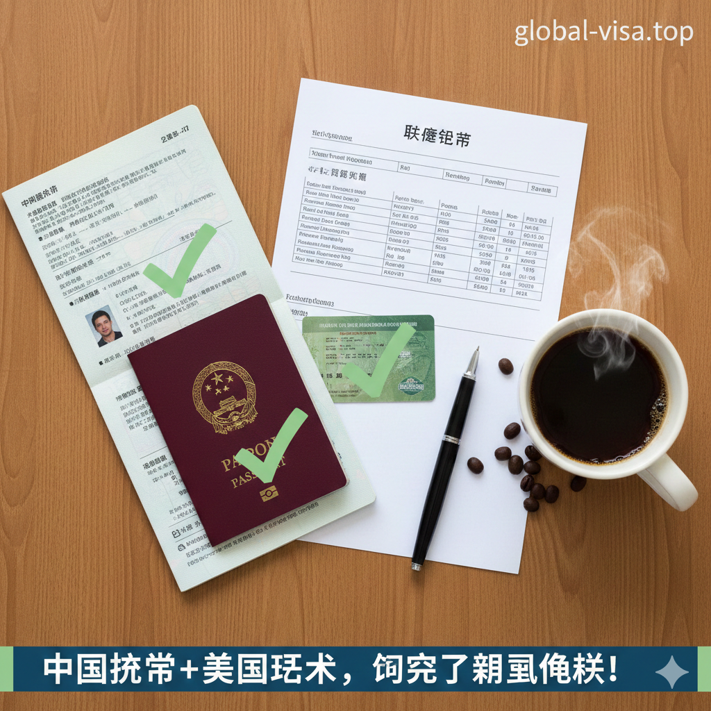 俯拍视角的旅行准备场景,桌面上整齐摆放着入境韩国所需的关键材料:一本打开的中国护照、一张清晰的美国绿卡原件、打印好的联程机票行程单(重点突出)以及一支钢笔。旁边放着一杯咖啡,营造轻松的筹备氛围。关键物品上有淡绿色的对勾符号,象征'准备就绪'和'合规',风格写实且具有指导意义。