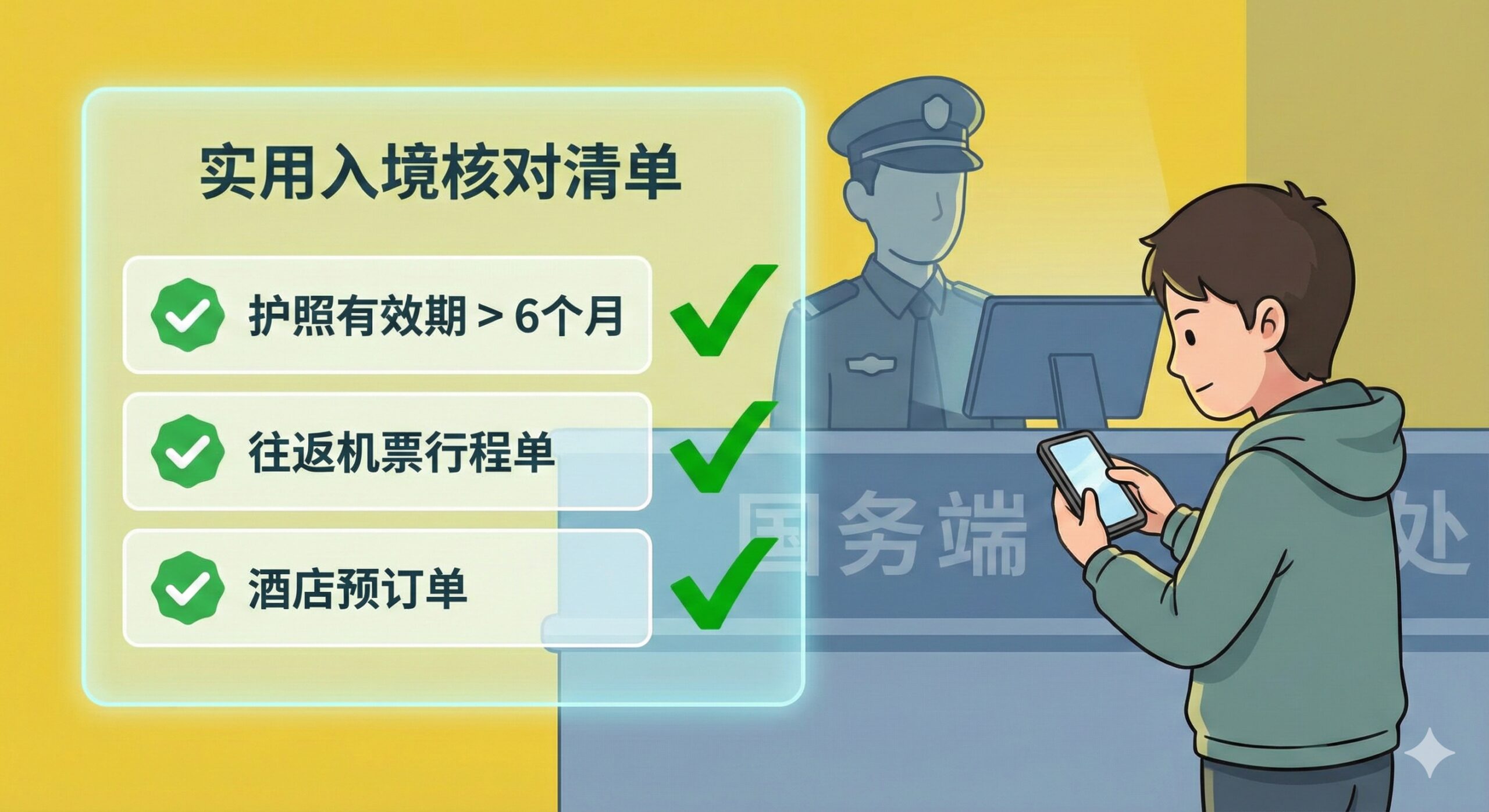 一张针对第5节“隐形门槛”的教程/警示图。图片应呈现一个模拟机场海关柜台的场景，但重点突出一个悬浮的“实用Checklist”。清单元素包括：护照有效期（必须大于6个月）、往返机票行程单、酒店预订单，每个元素都用一个红色的“X”或绿色的“✔”图标来强调重要性。构图上，将一个严肃的边检官（卡通或剪影）放在背景，前景是用户正在仔细核对手机上的清单。色彩采用警示黄和安全绿，营造“谨慎准备，确保顺利通关”的氛围。