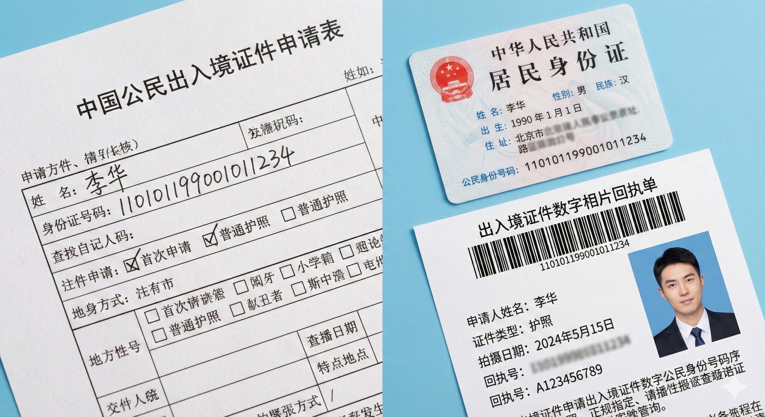 展示国内首次申请护照核心材料的特写拼接图。左侧展示正在填写的《中国公民出入境证件申请表》，纸张纹理清晰，重点突出表格头部；右侧展示二代身份证原件和一版标准的出入境证件数字相片回执单。构图严谨有序，采用微距摄影风格，焦点在证件和表格文字上，背景为纯净的白色或浅蓝色，强调材料的准确性和官方标准，帮助用户快速识别必备证件。