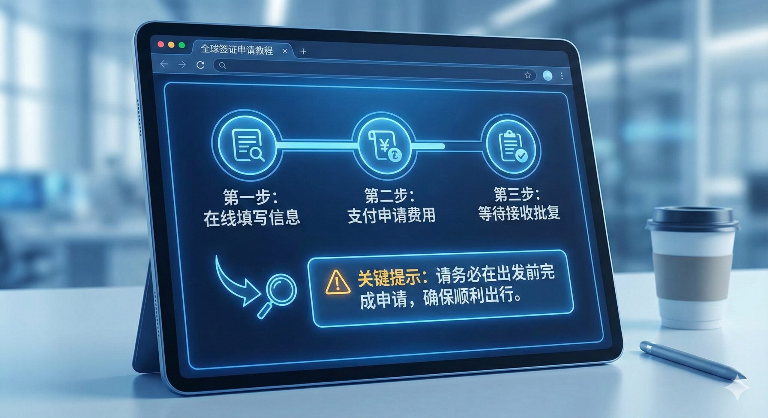 一张教程指导图片,重点展示ETA/eTA(如加拿大的eTA或新西兰的NZeTA)的在线申请流程。主画面应是一个干净的电脑或平板界面,正在进行ETA的在线申请,突出“填写信息”、“支付费用”、“收到批复”这三个关键步骤。旁边配有放大镜和箭头,指导用户注意必须在“出发前”完成申请的关键信息。图片风格应简洁、高科技感,强调操作的便利性与必须性。